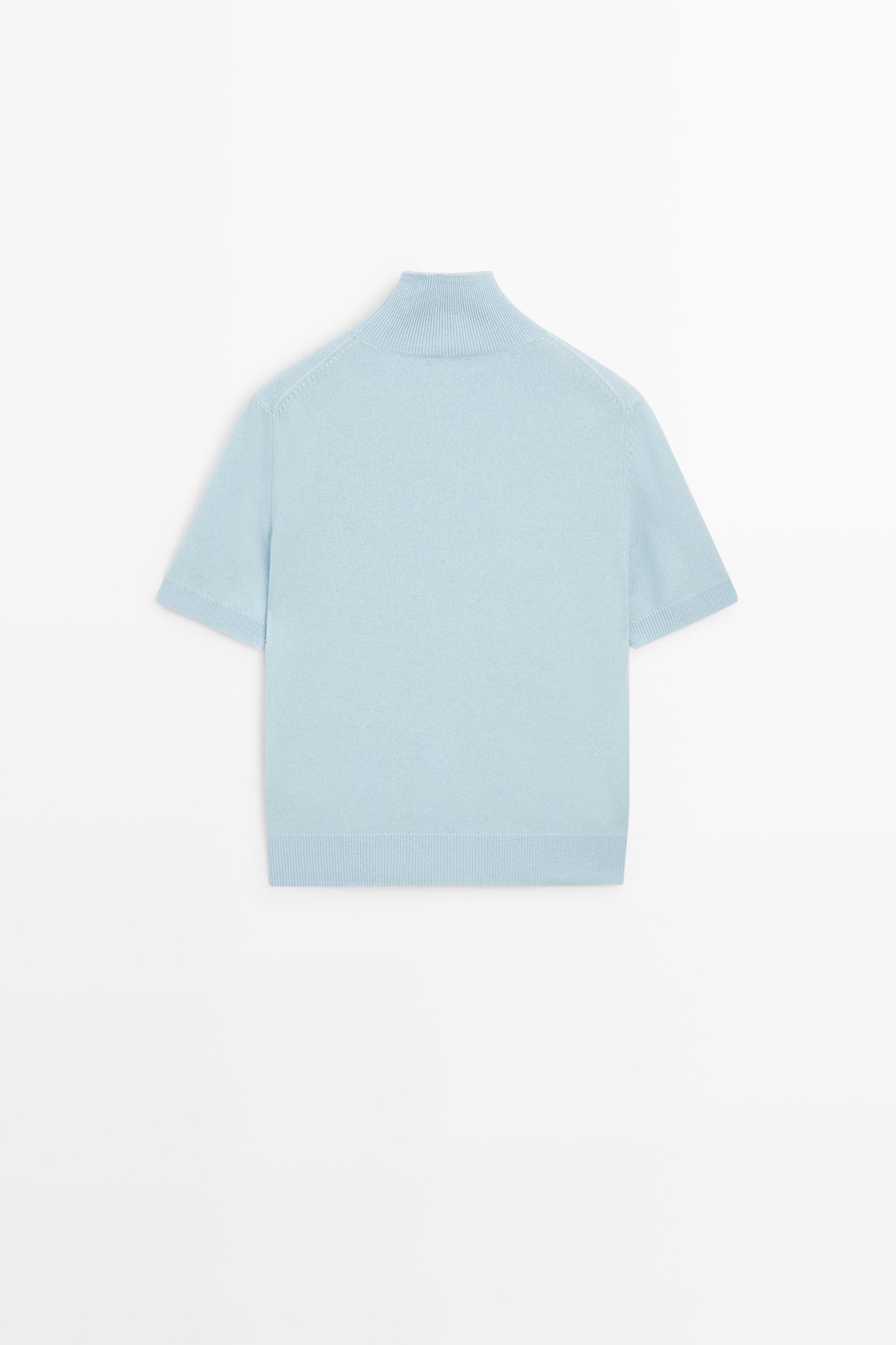 Wool-cashmere blend short sleeve knit sweater - SKY BLUE