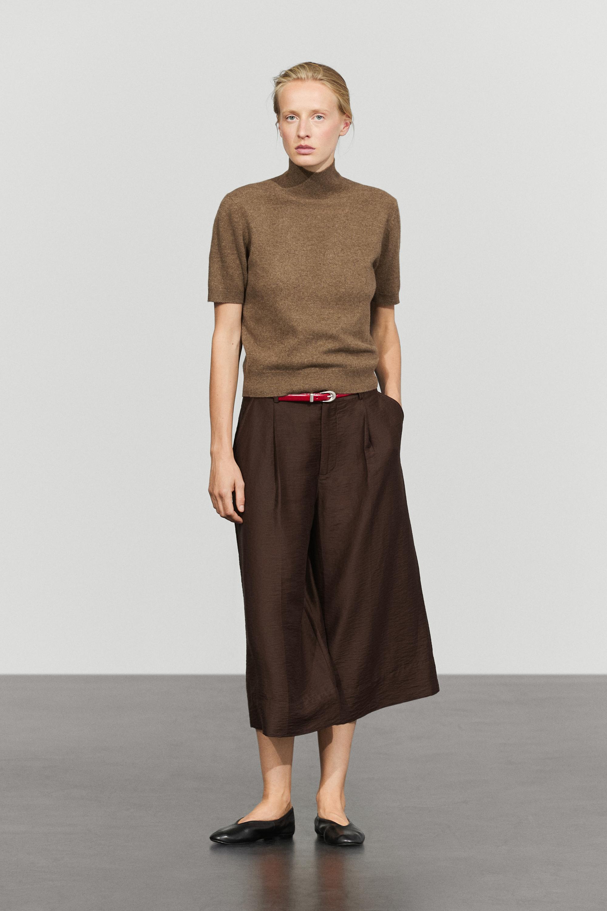 Wool-cashmere blend short sleeve knit sweater - BROWN MARL