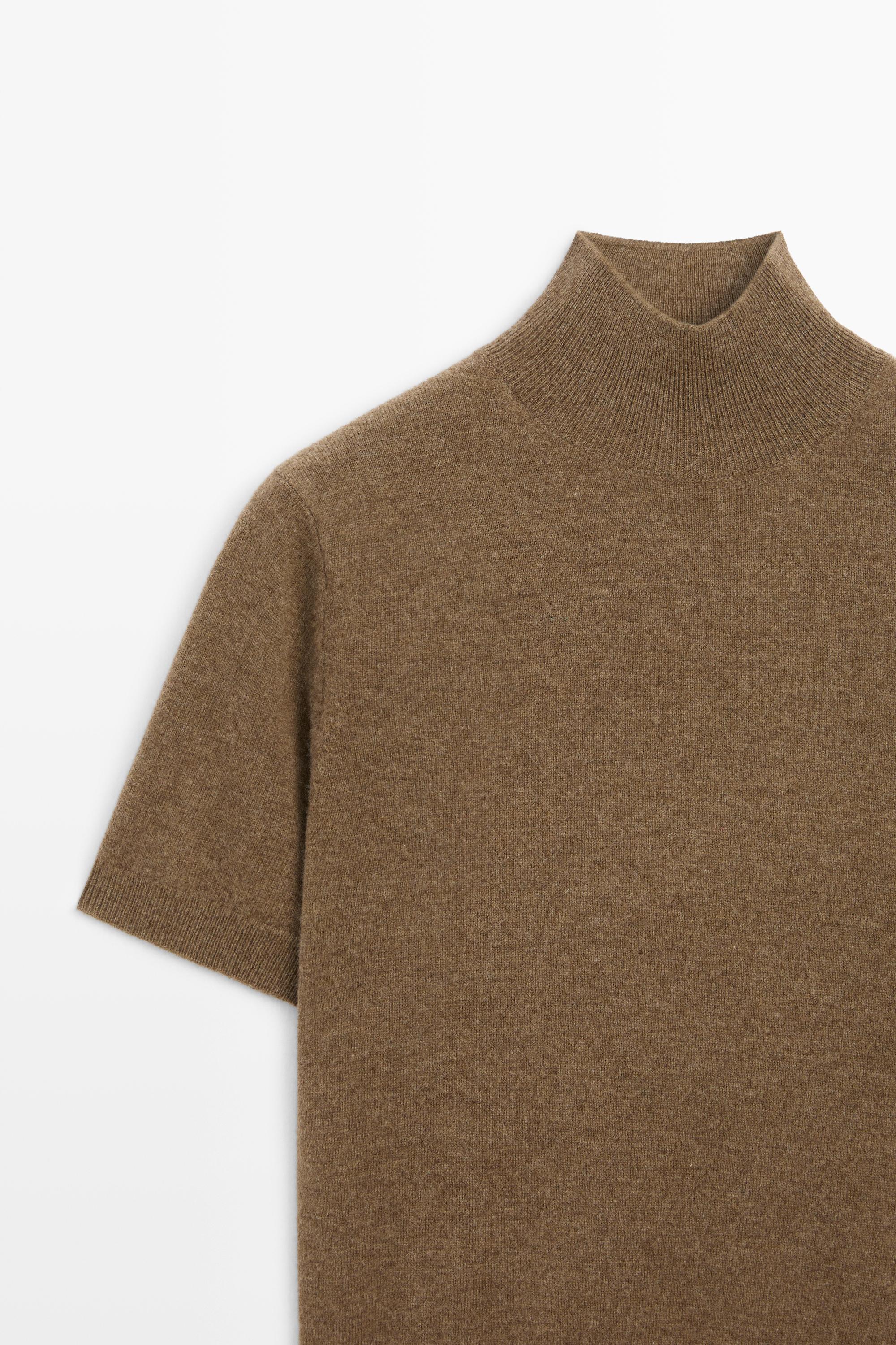 Wool-cashmere blend short sleeve knit sweater - BROWN MARL