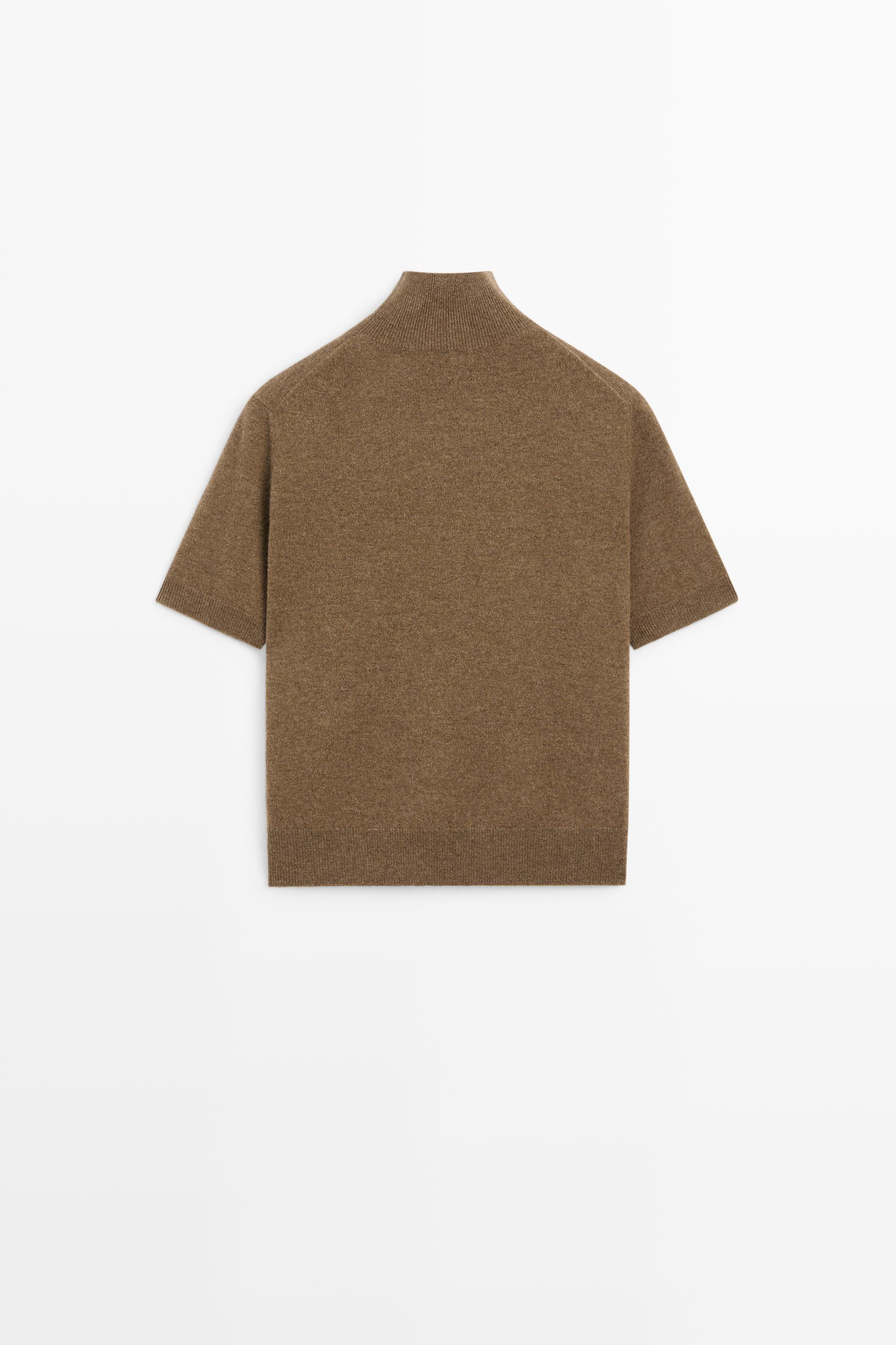 Wool-cashmere blend short sleeve knit sweater - BROWN MARL