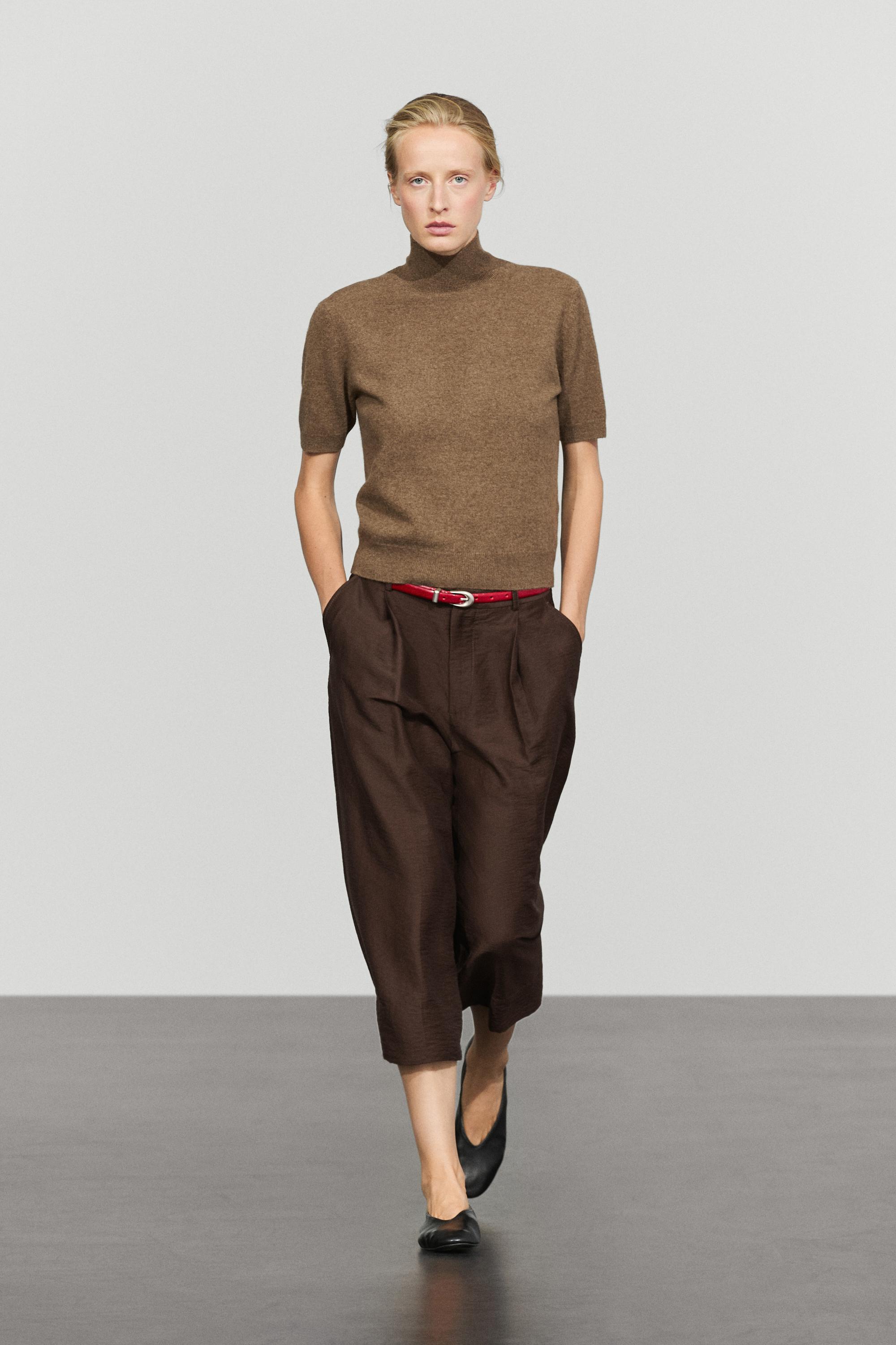 Wool-cashmere blend short sleeve knit sweater - BROWN MARL