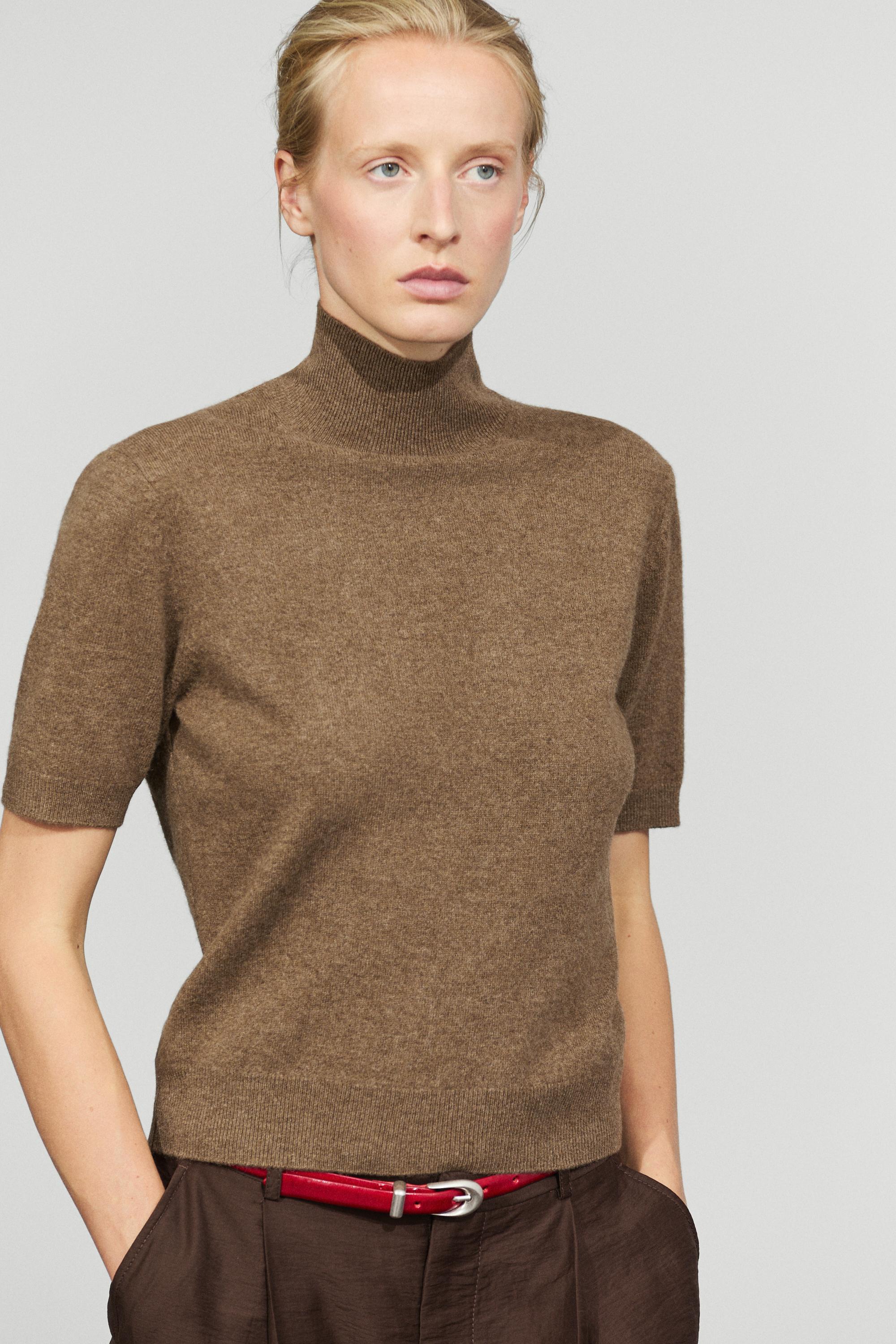 Wool-cashmere blend short sleeve knit sweater - BROWN MARL