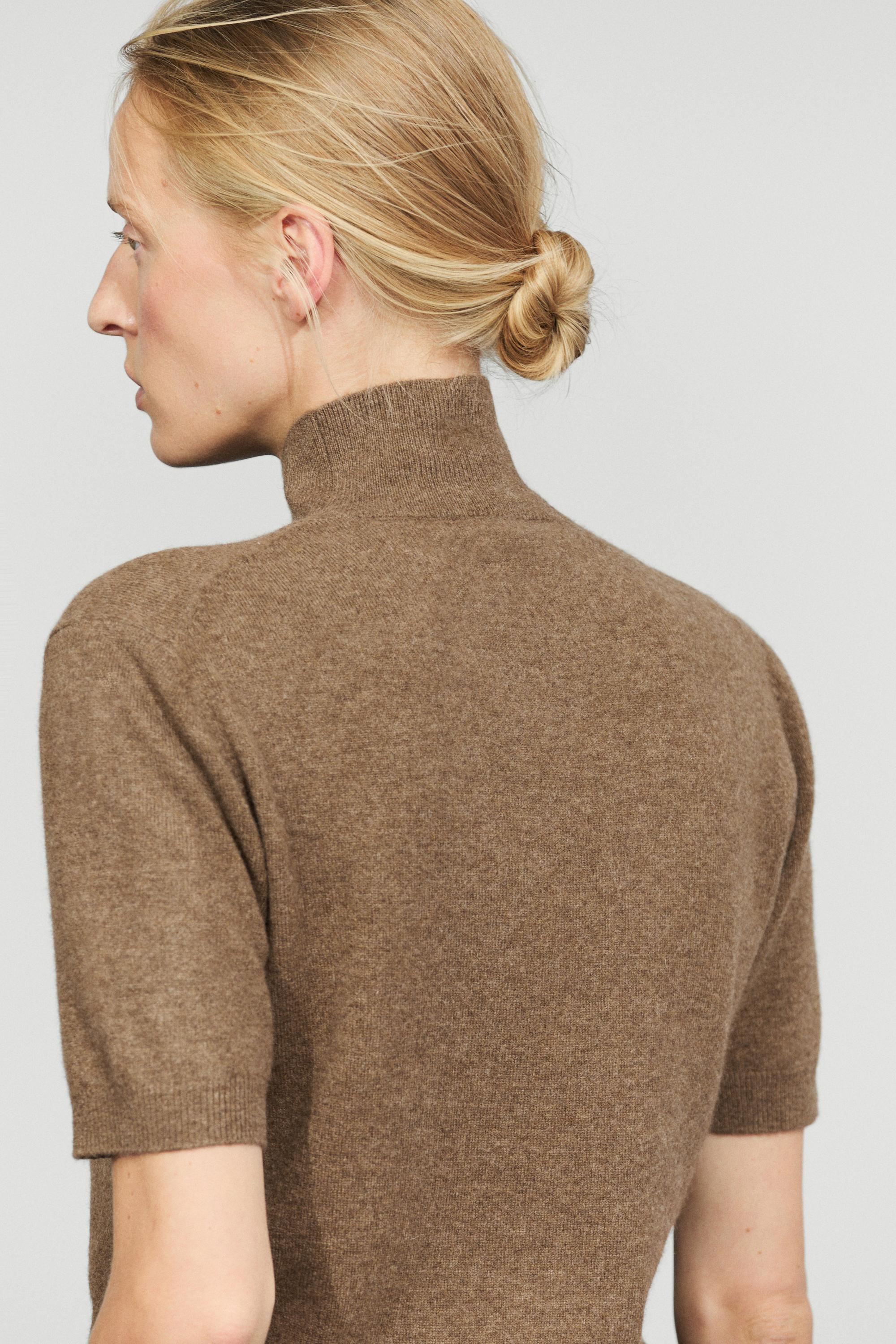 Wool-cashmere blend short sleeve knit sweater - BROWN MARL