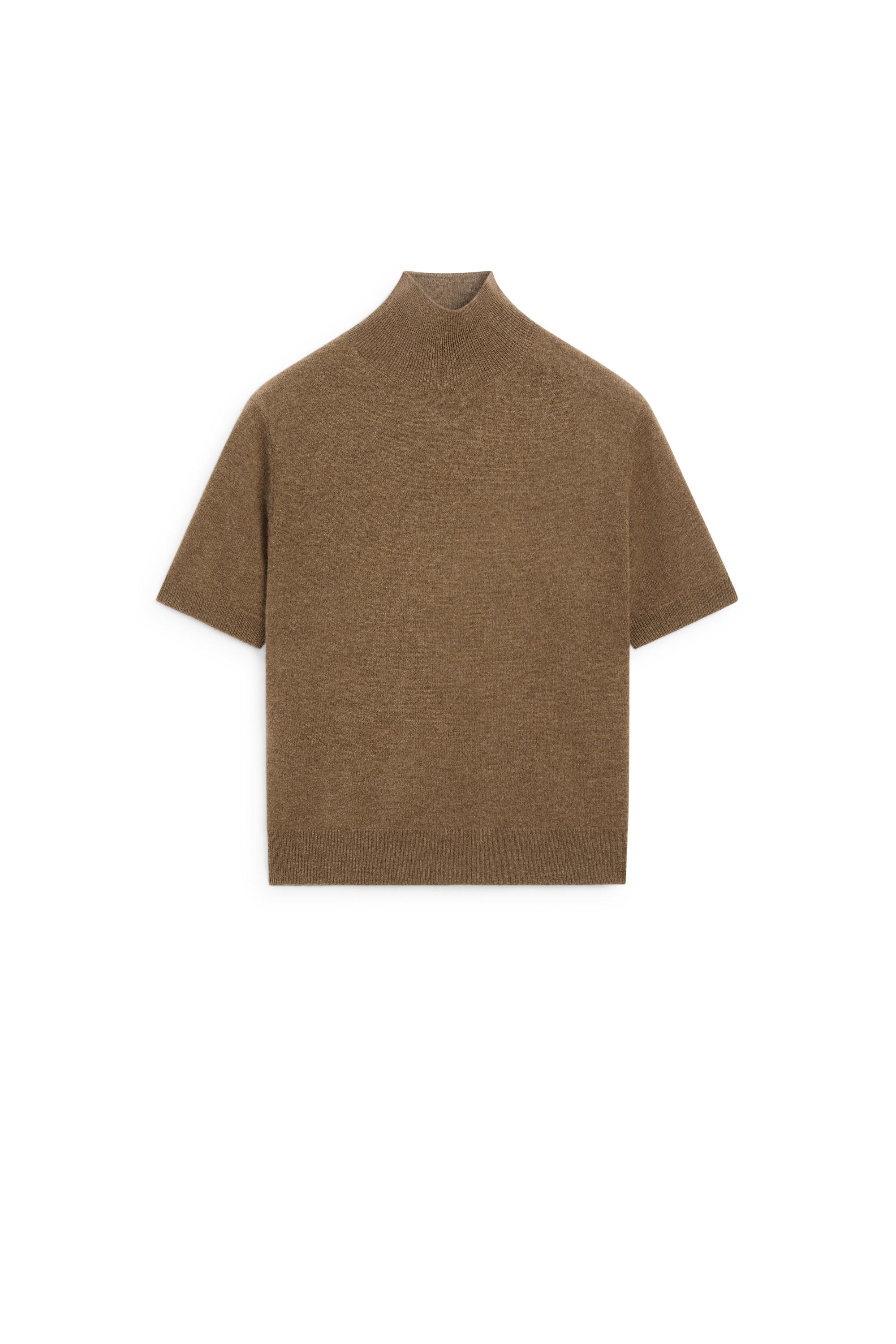 Wool-cashmere blend short sleeve knit sweater - BROWN MARL