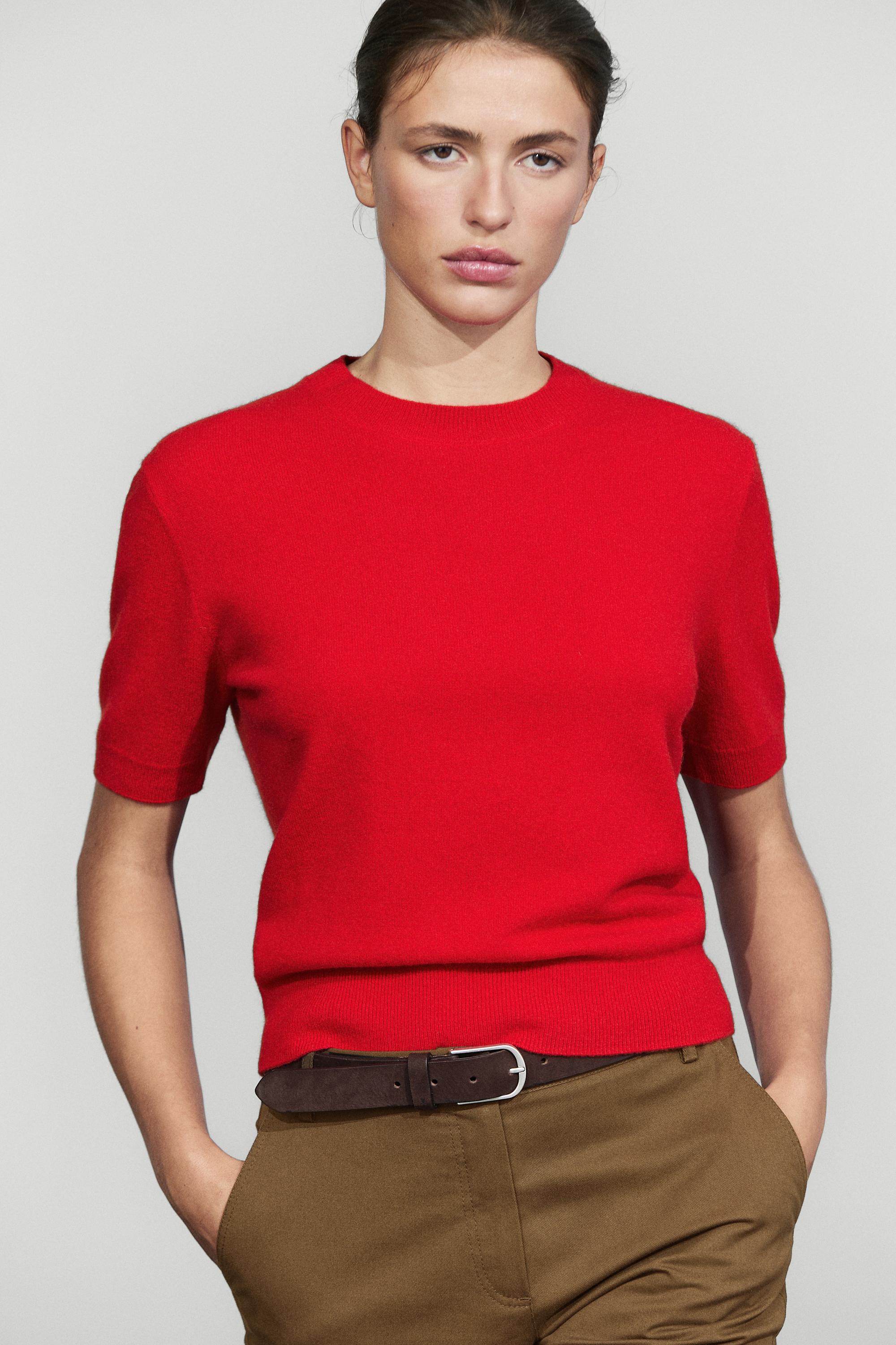 Short sleeve wool blend knit sweater - RED