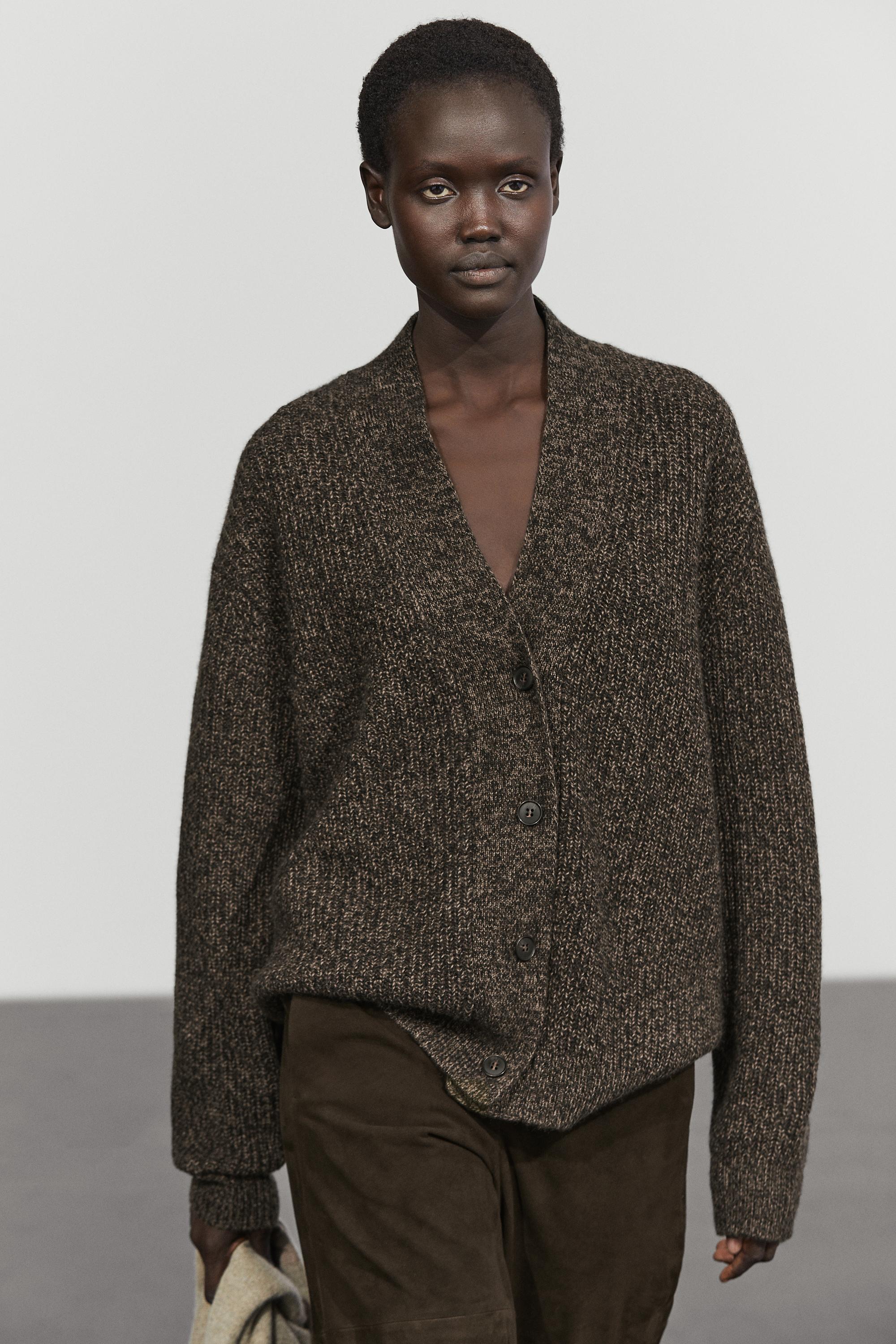 100% cashmere V-neck knit cardigan - MOLE BROWN