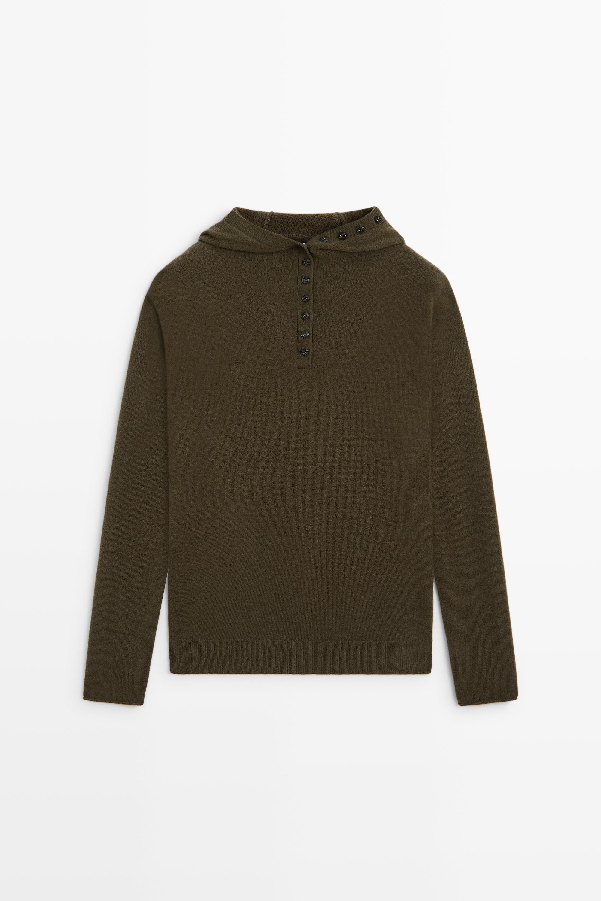 Hooded knit sweater with button detail - KHAKI