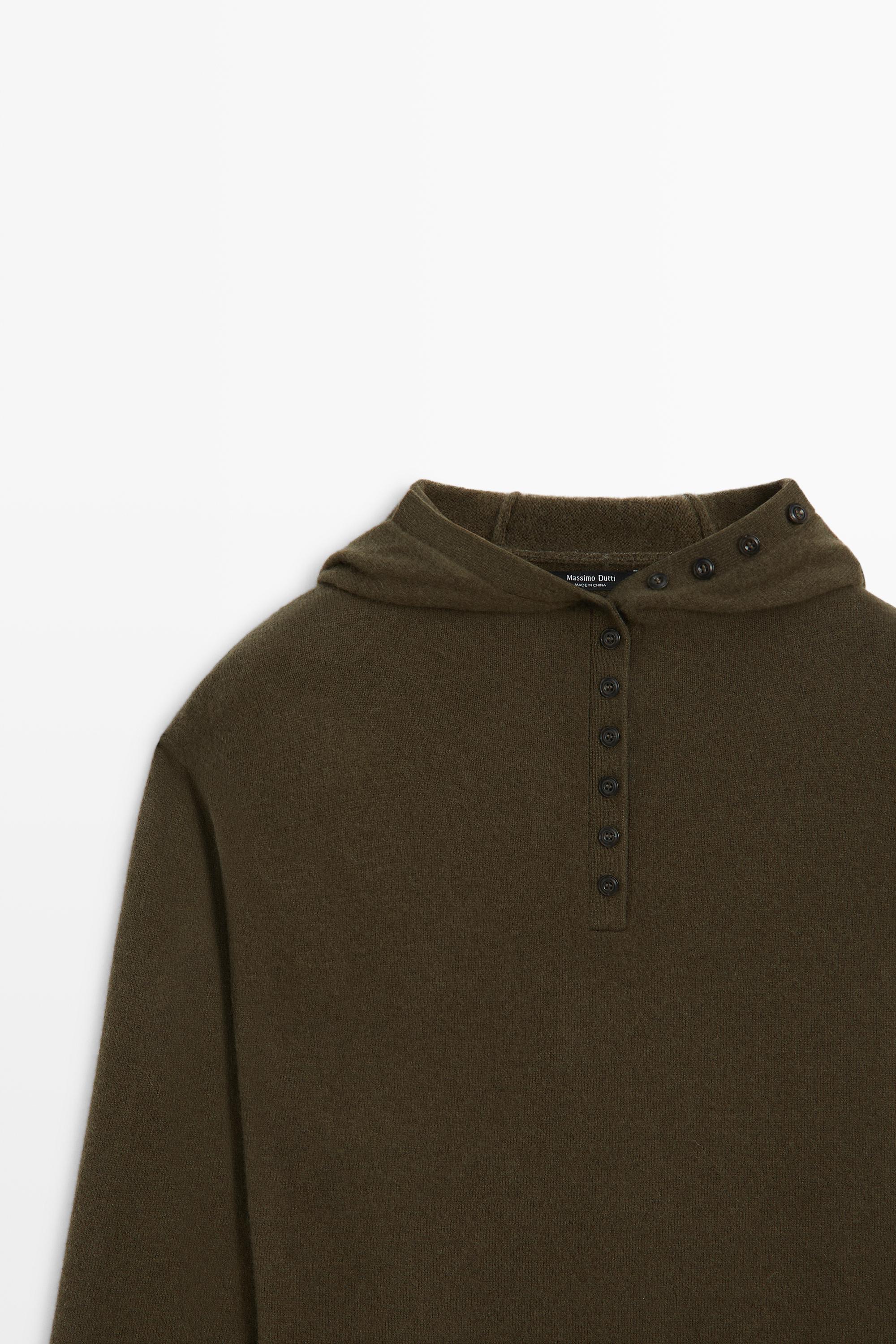 Hooded knit sweater with button detail - KHAKI