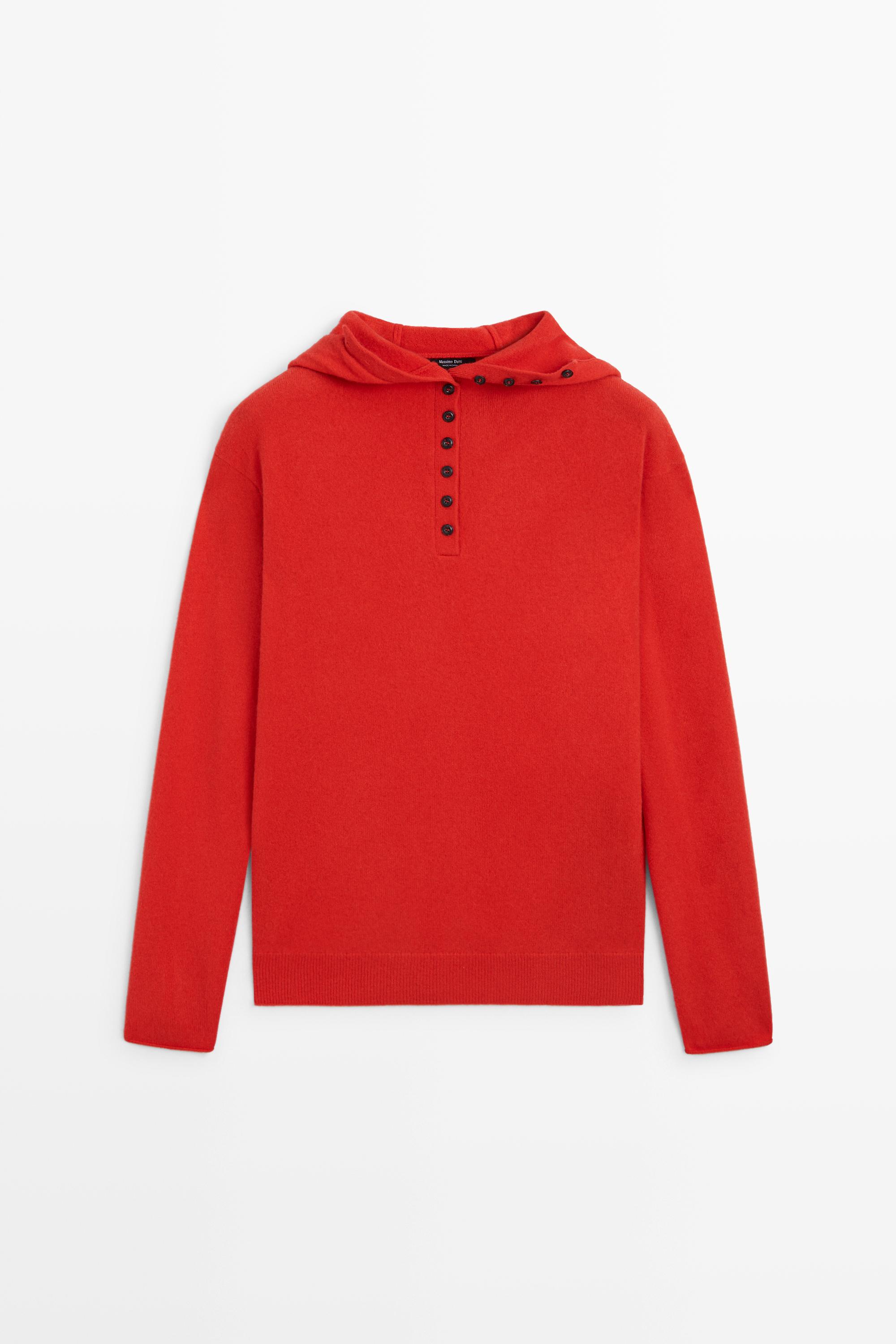 Hooded knit sweater with button detail - RED