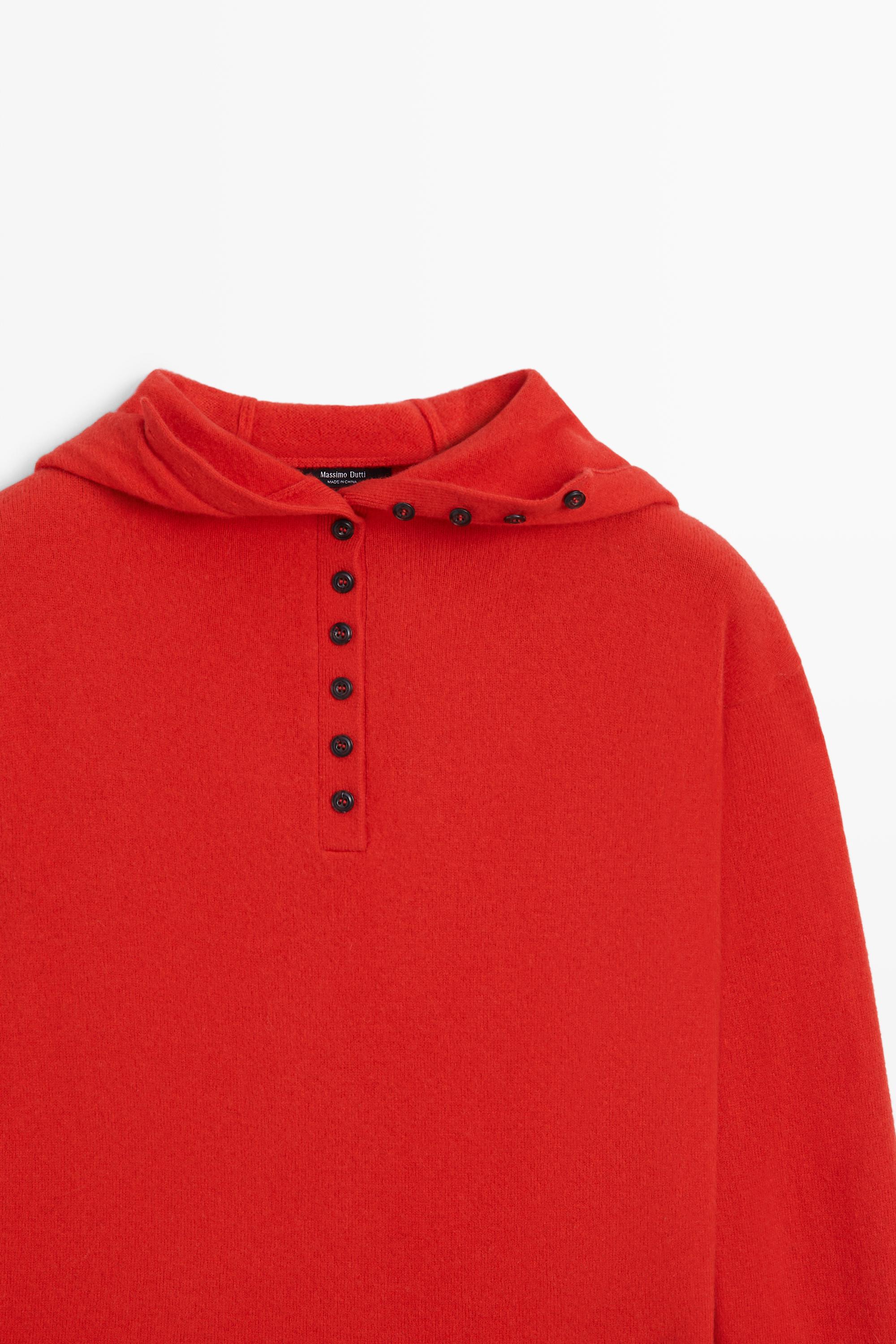 Hooded knit sweater with button detail - RED