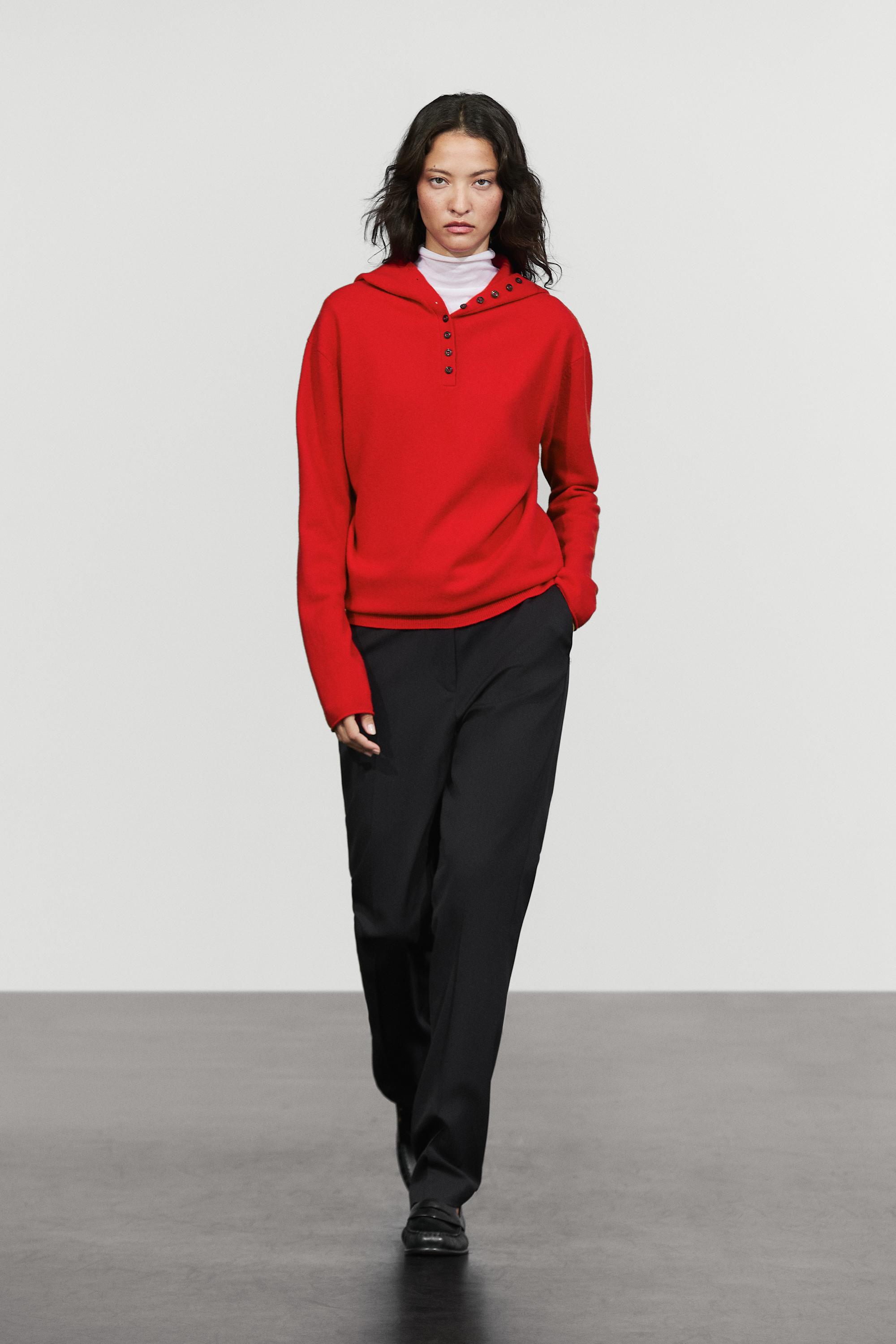 Hooded knit sweater with button detail - RED
