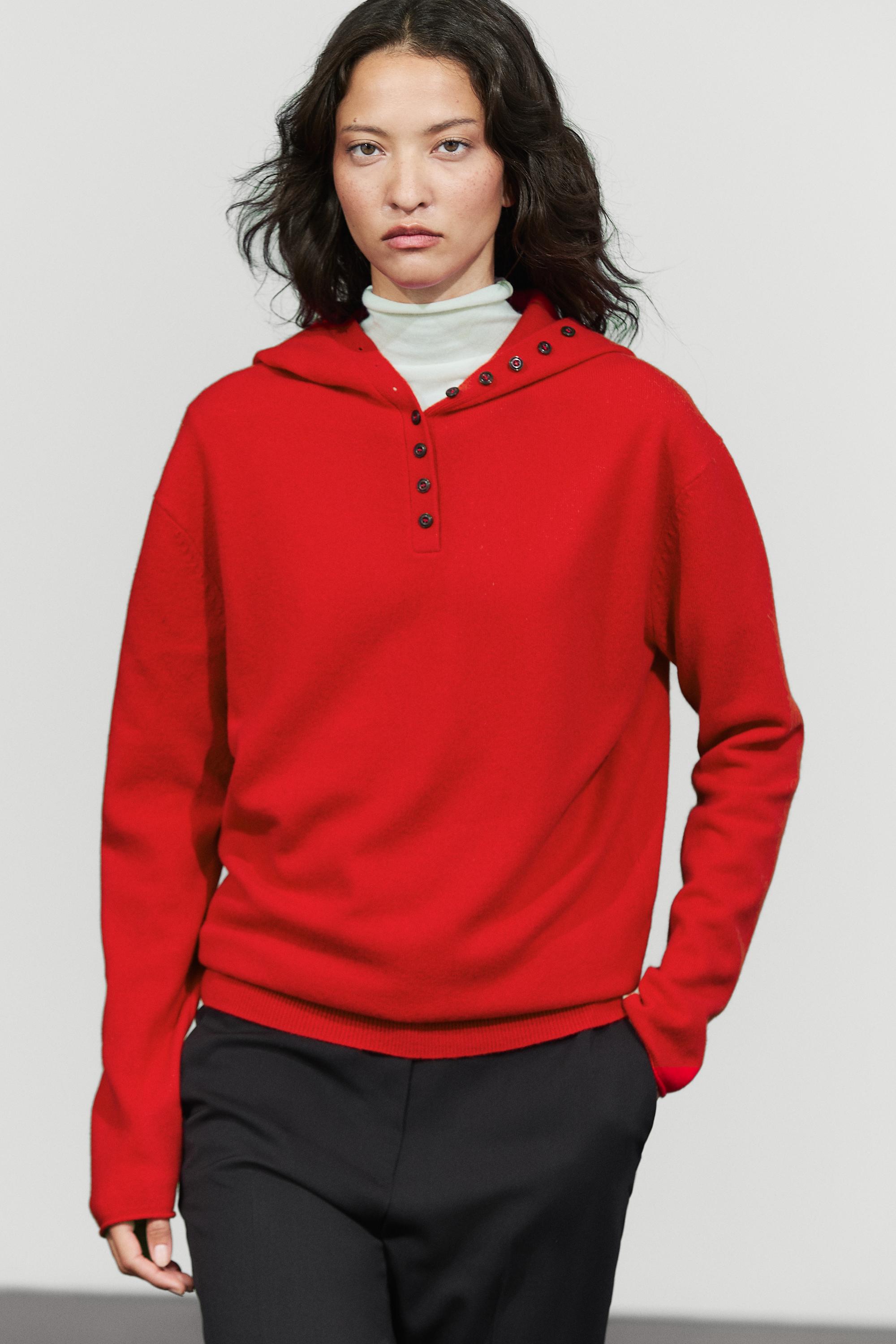 Hooded knit sweater with button detail - RED