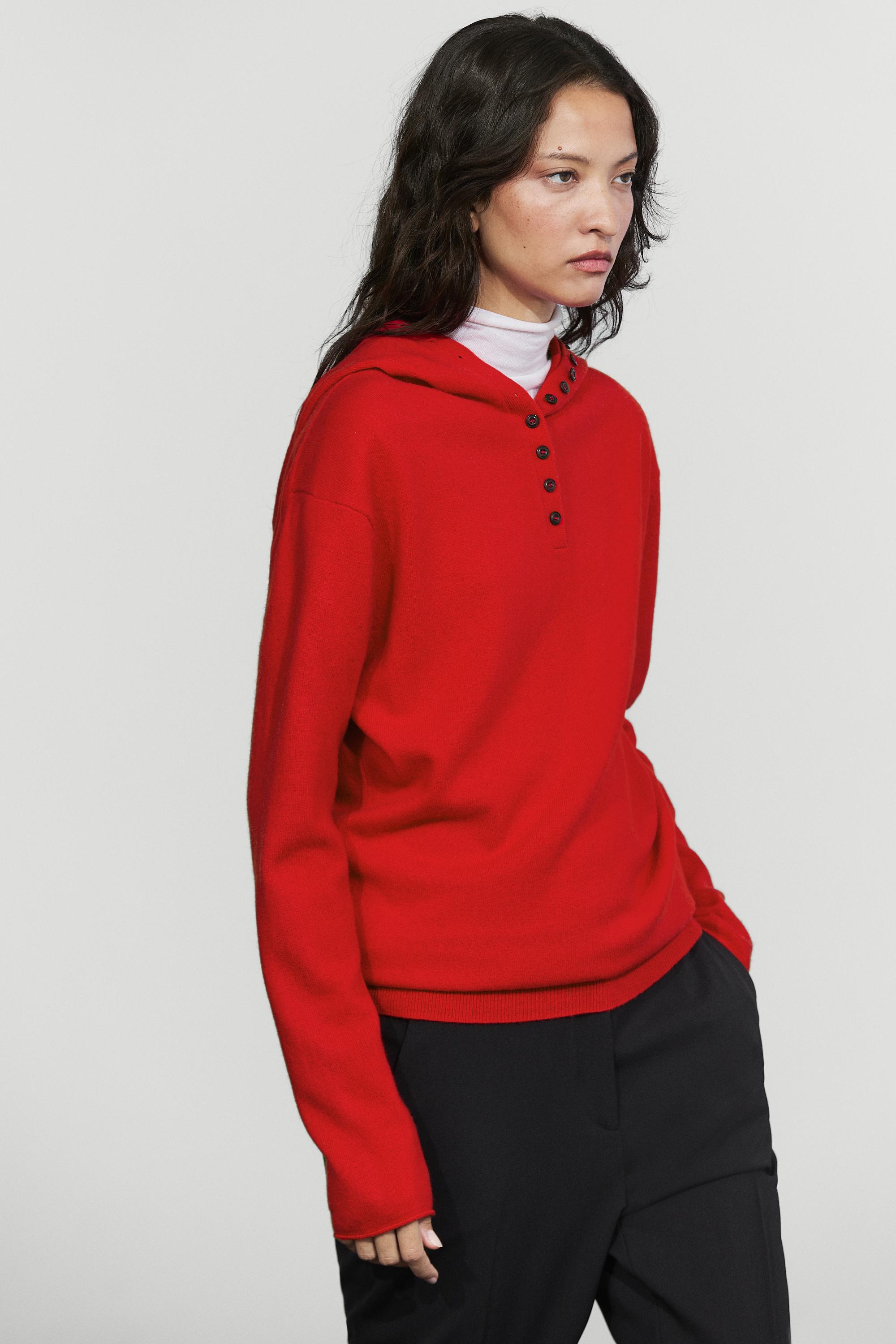 Hooded knit sweater with button detail - RED
