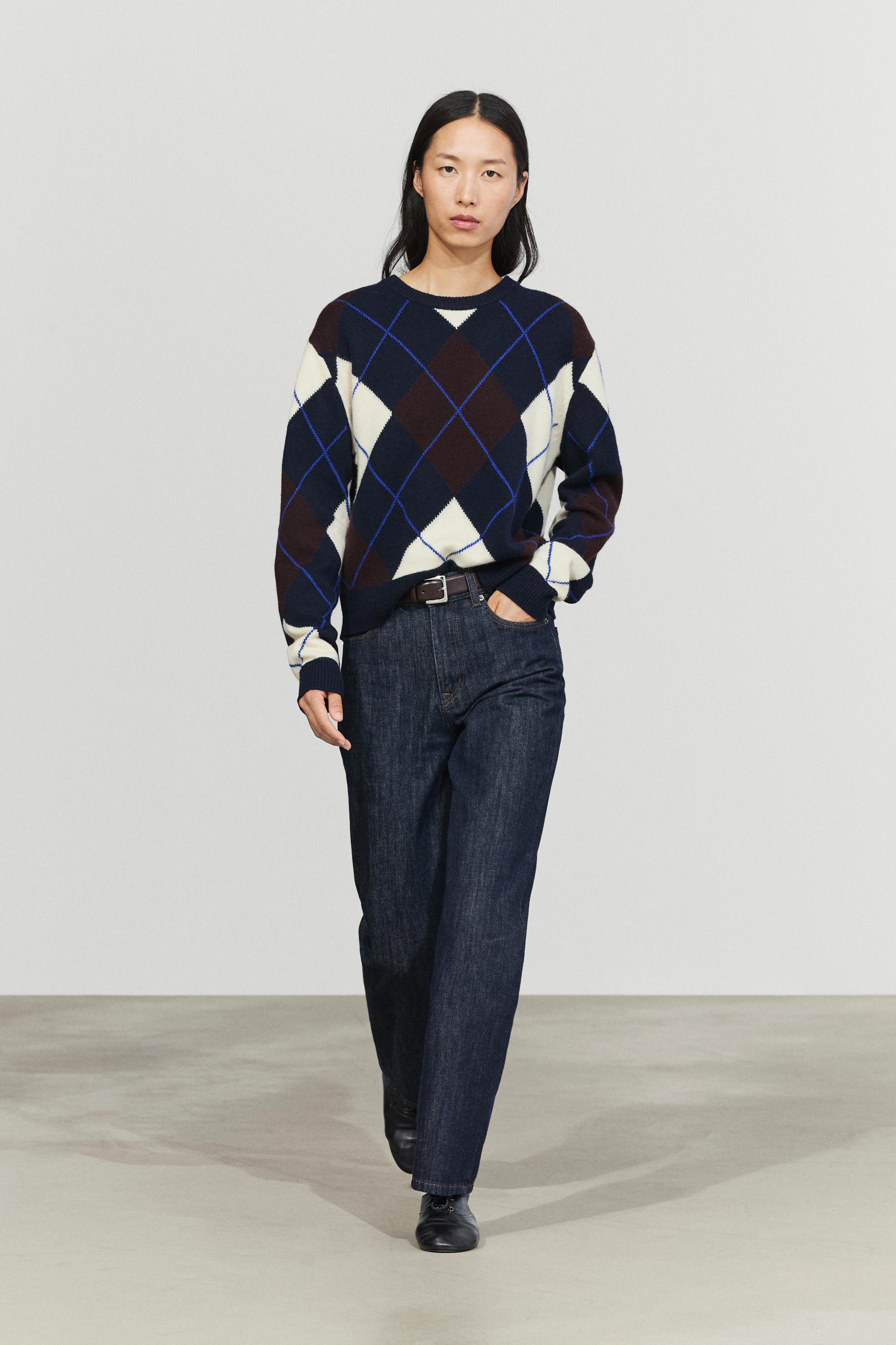 100% wool knit Argyle sweater - NAVY BLUE
