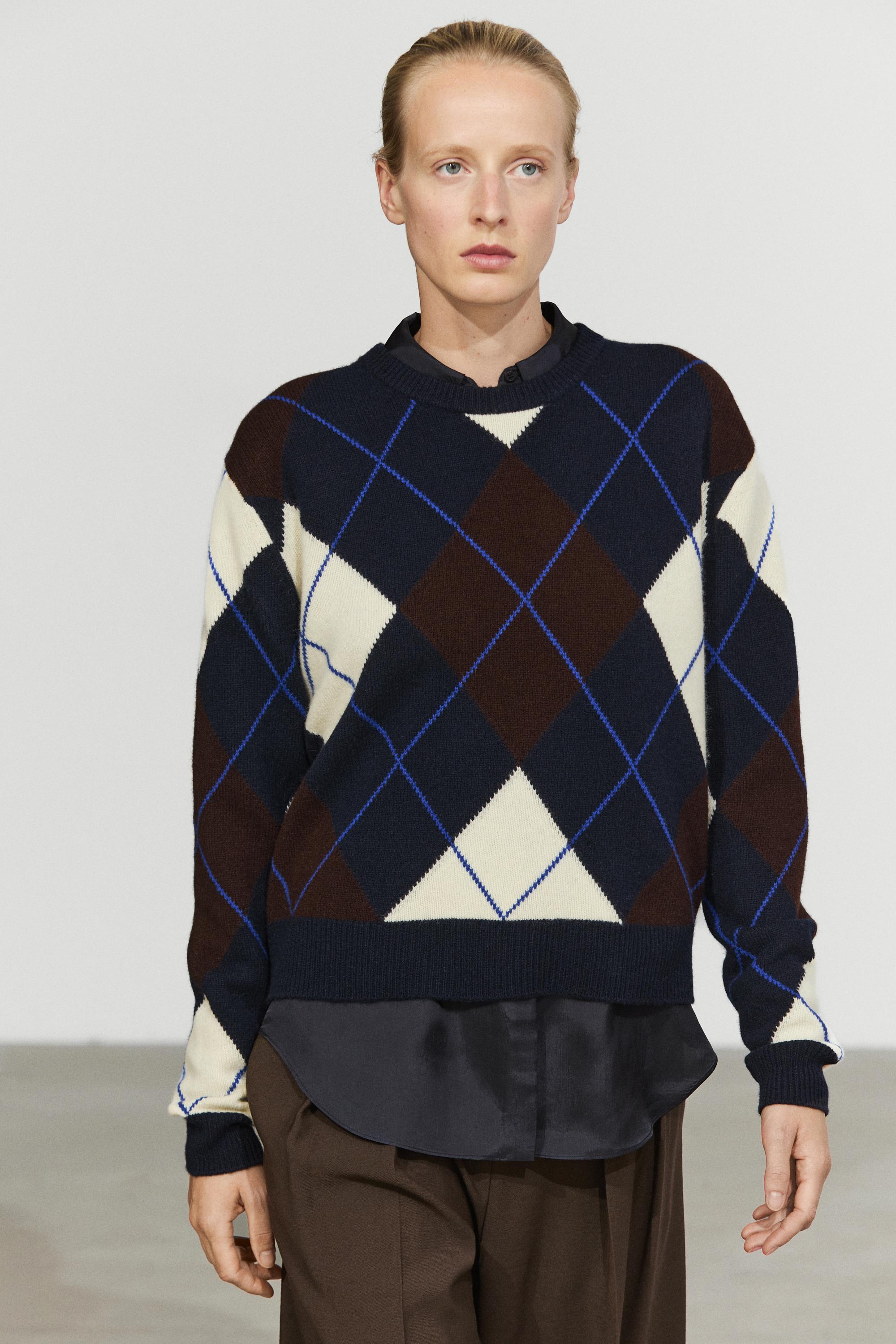 100% wool knit Argyle sweater - NAVY BLUE