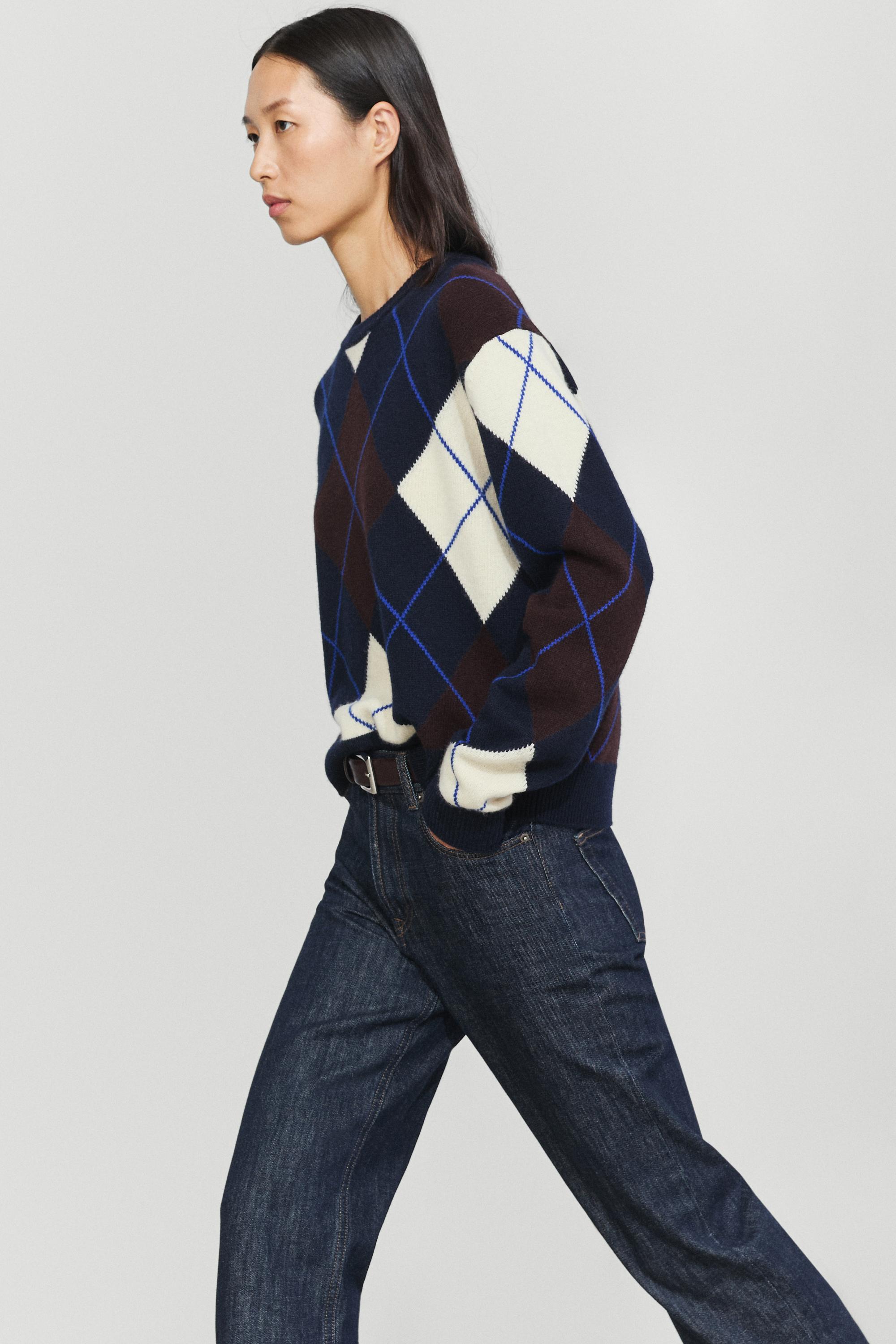 100% wool knit Argyle sweater - NAVY BLUE