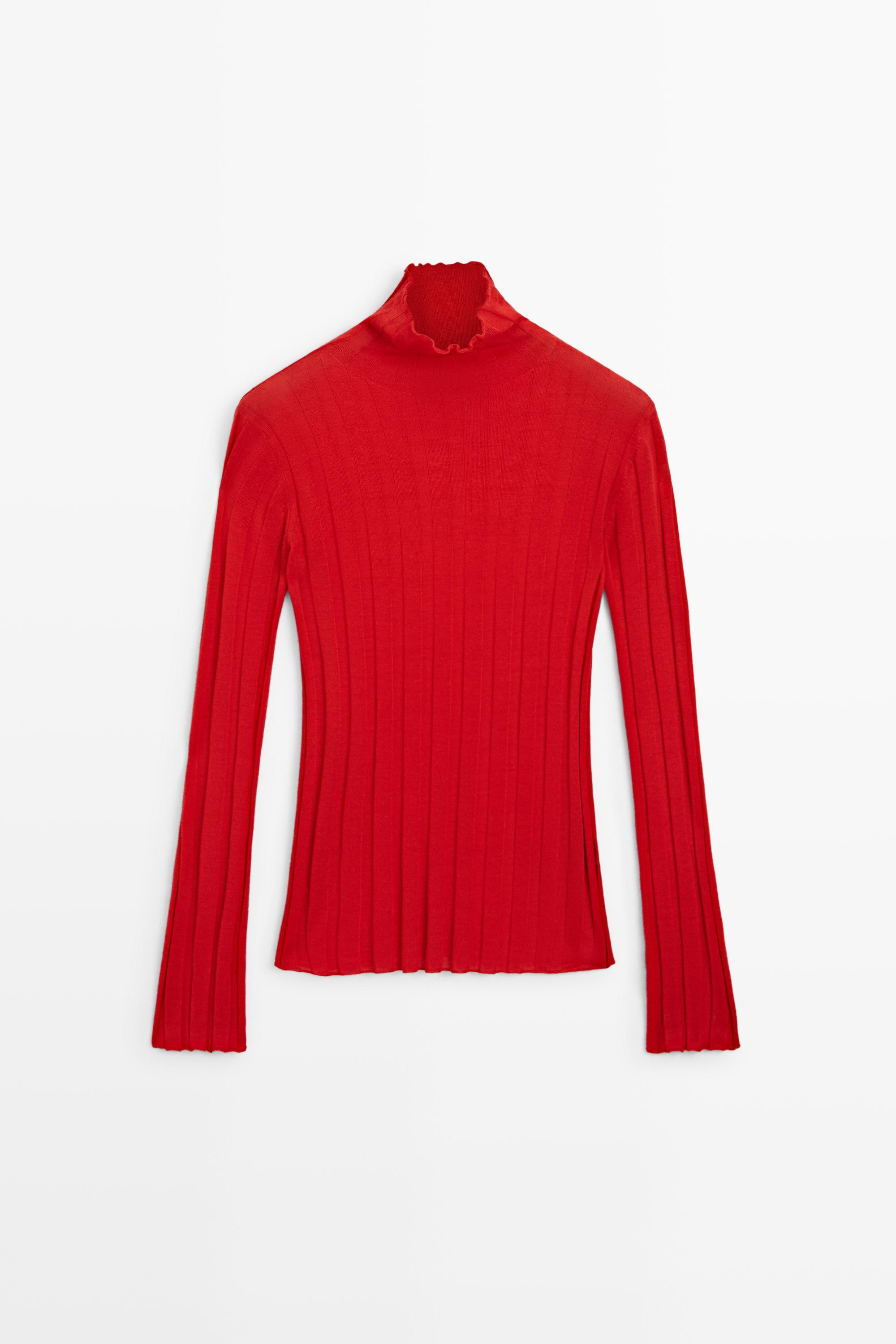 Ribbed mock turtleneck knit sweater - RED