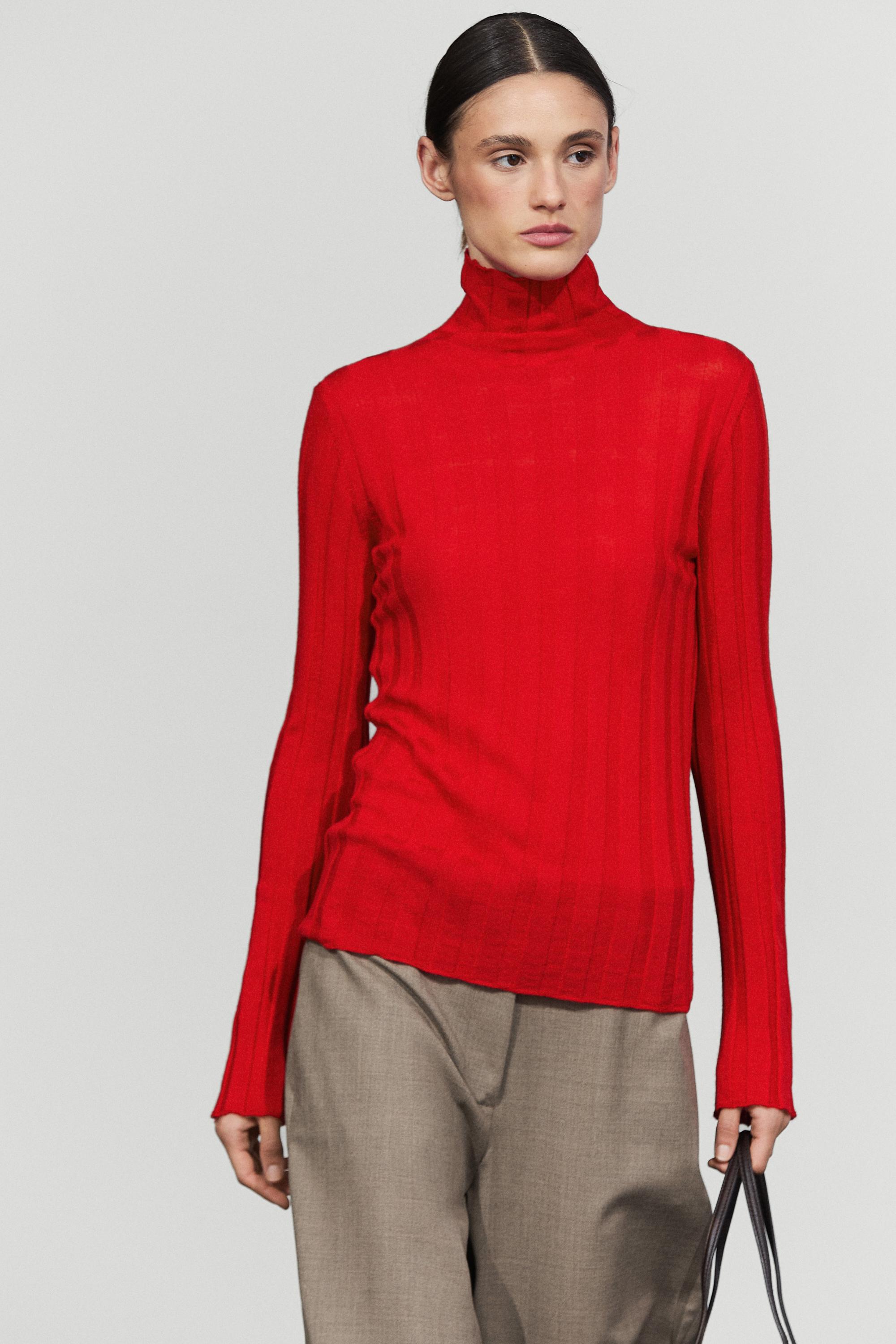 Ribbed mock turtleneck knit sweater - RED