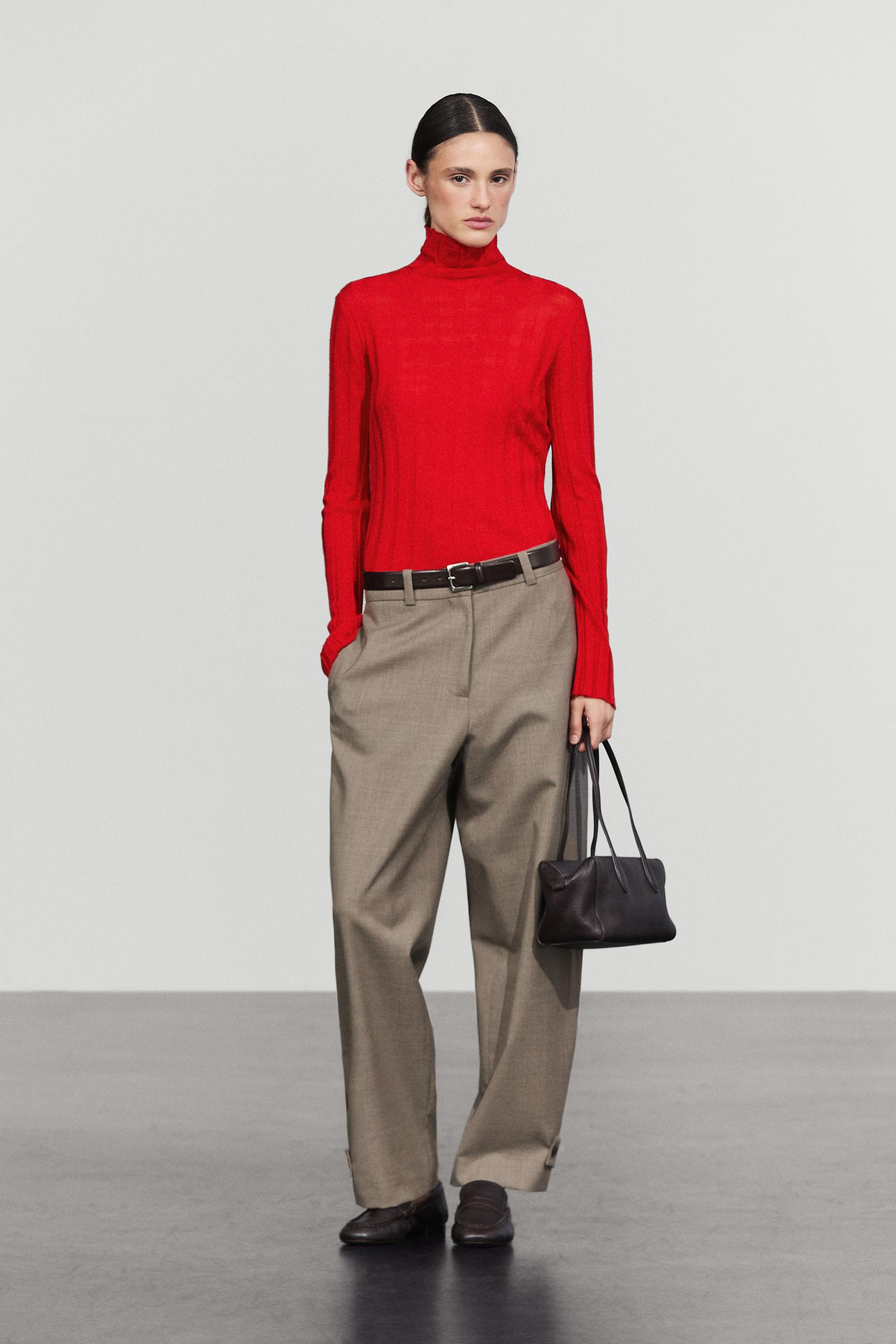 Ribbed mock turtleneck knit sweater - RED