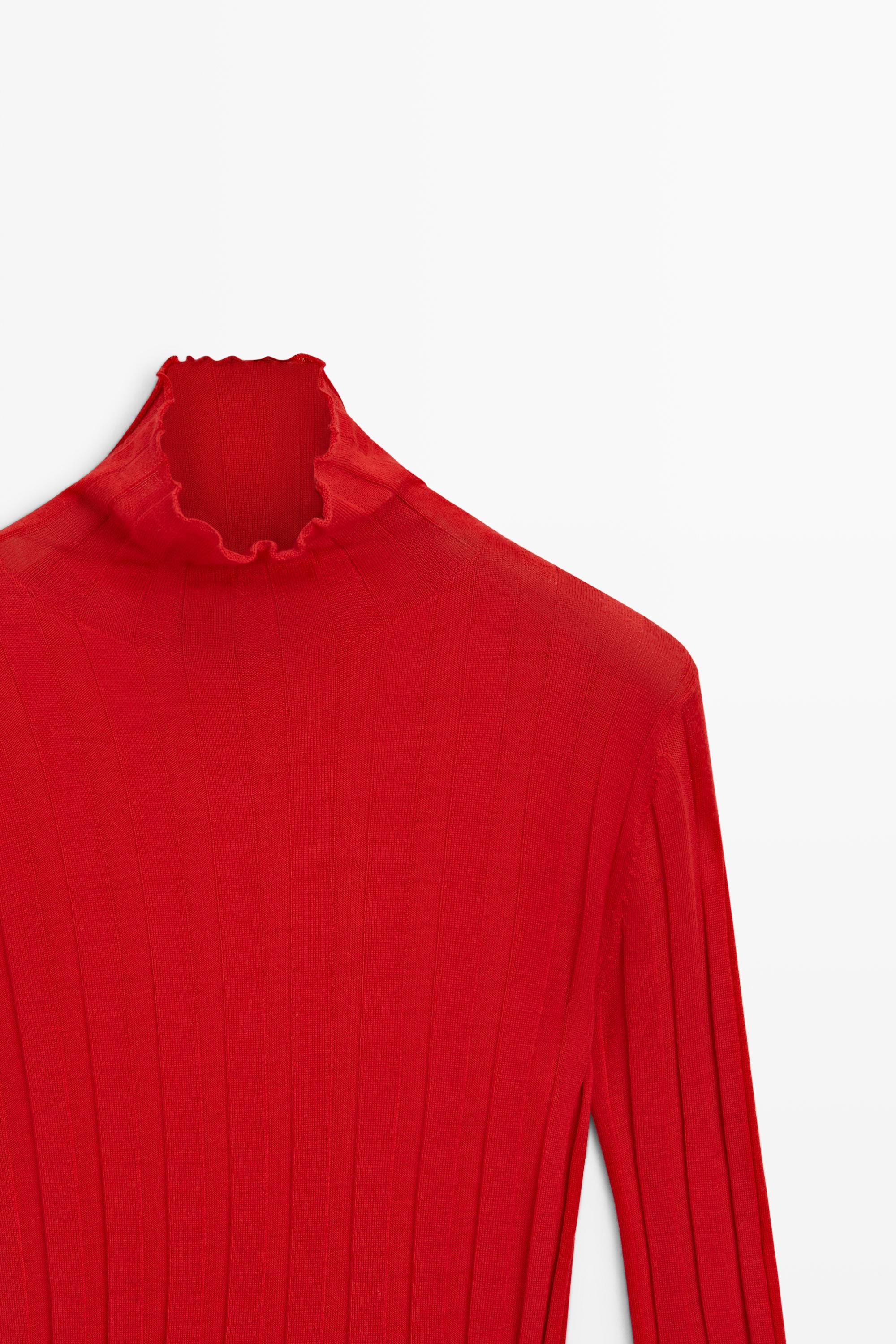 Ribbed mock turtleneck knit sweater - RED