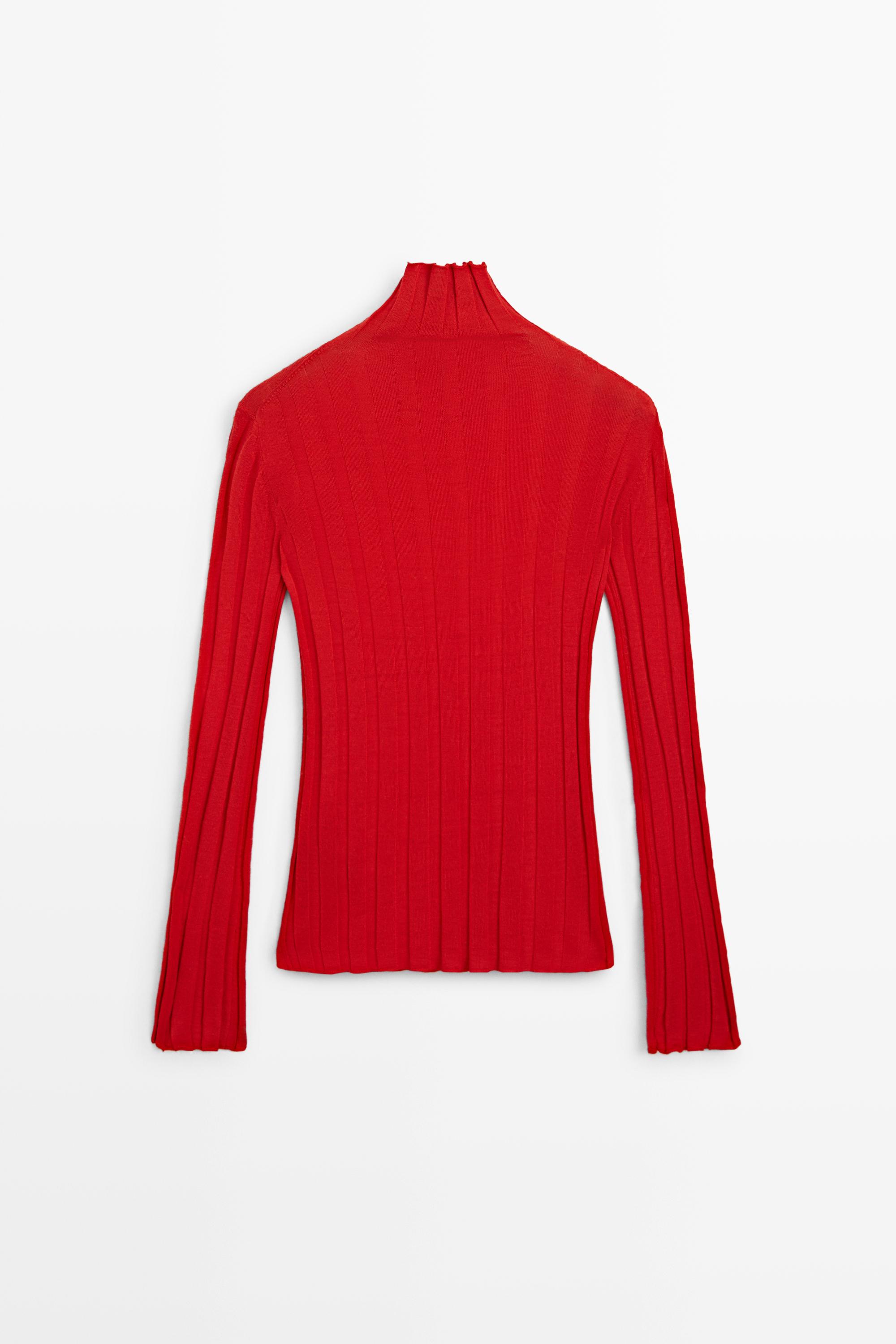 Ribbed mock turtleneck knit sweater - RED