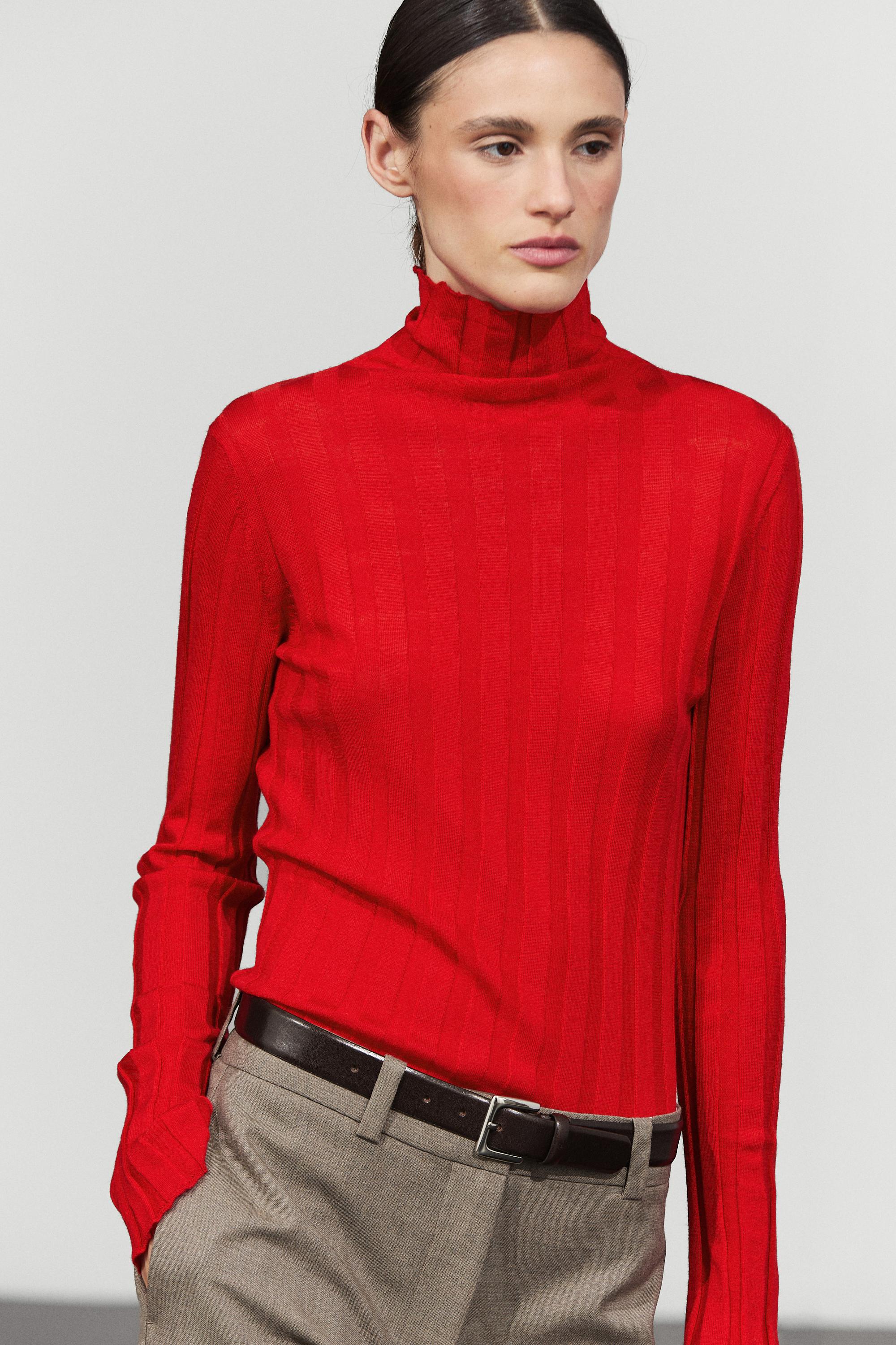 Ribbed mock turtleneck knit sweater - RED
