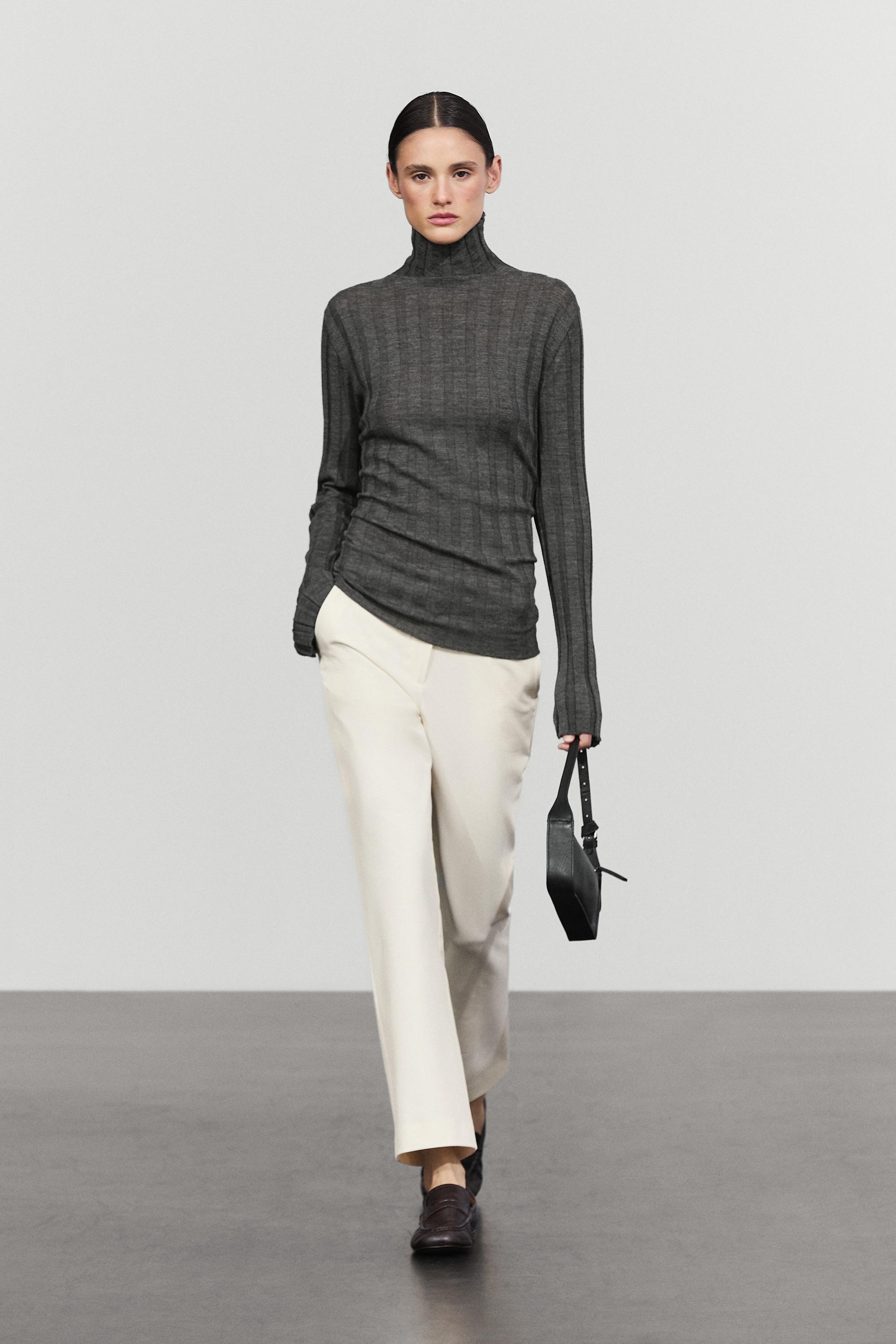 Ribbed mock turtleneck knit sweater - MEDIUM GREY