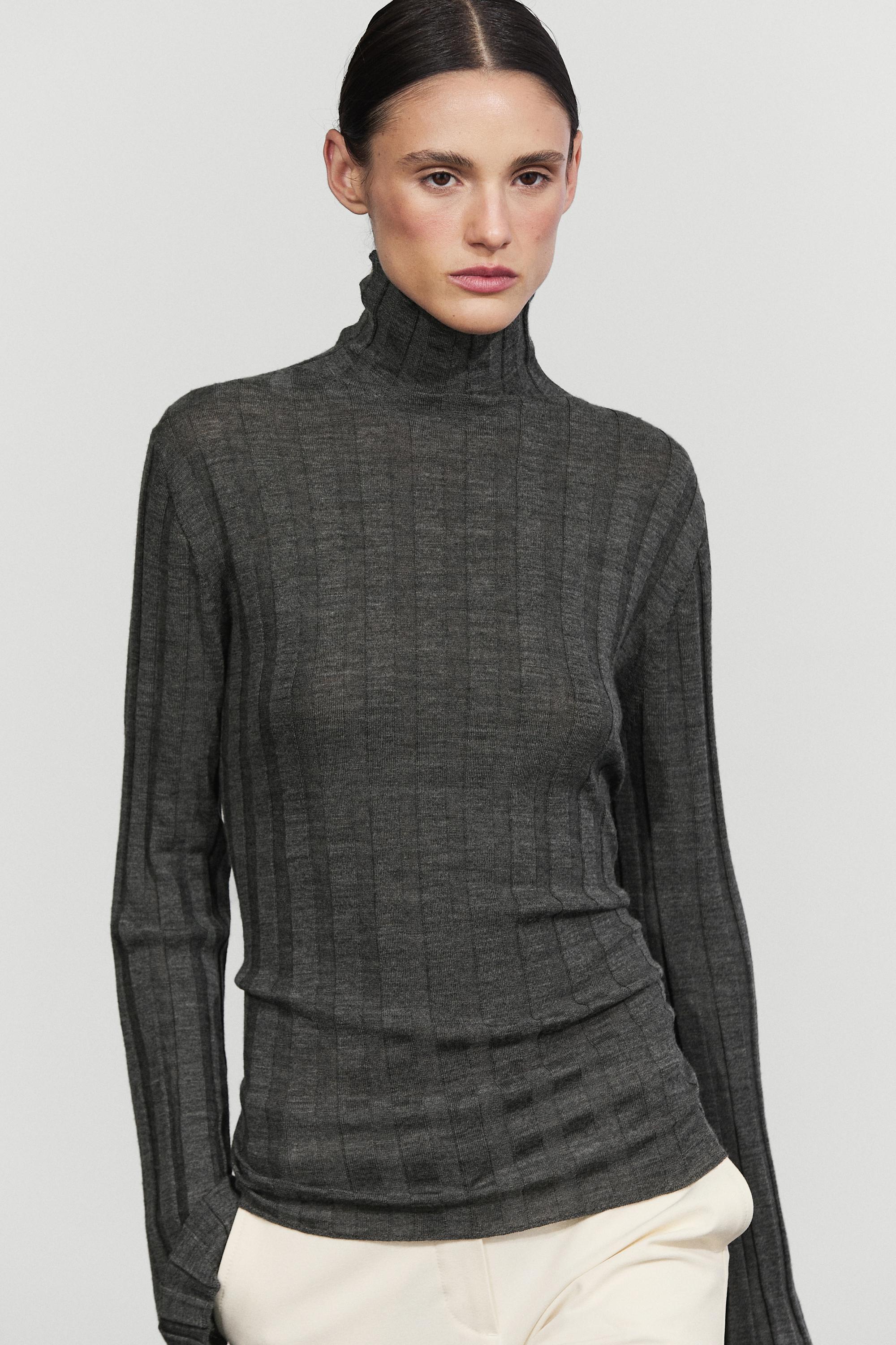 Ribbed mock turtleneck knit sweater - MEDIUM GREY