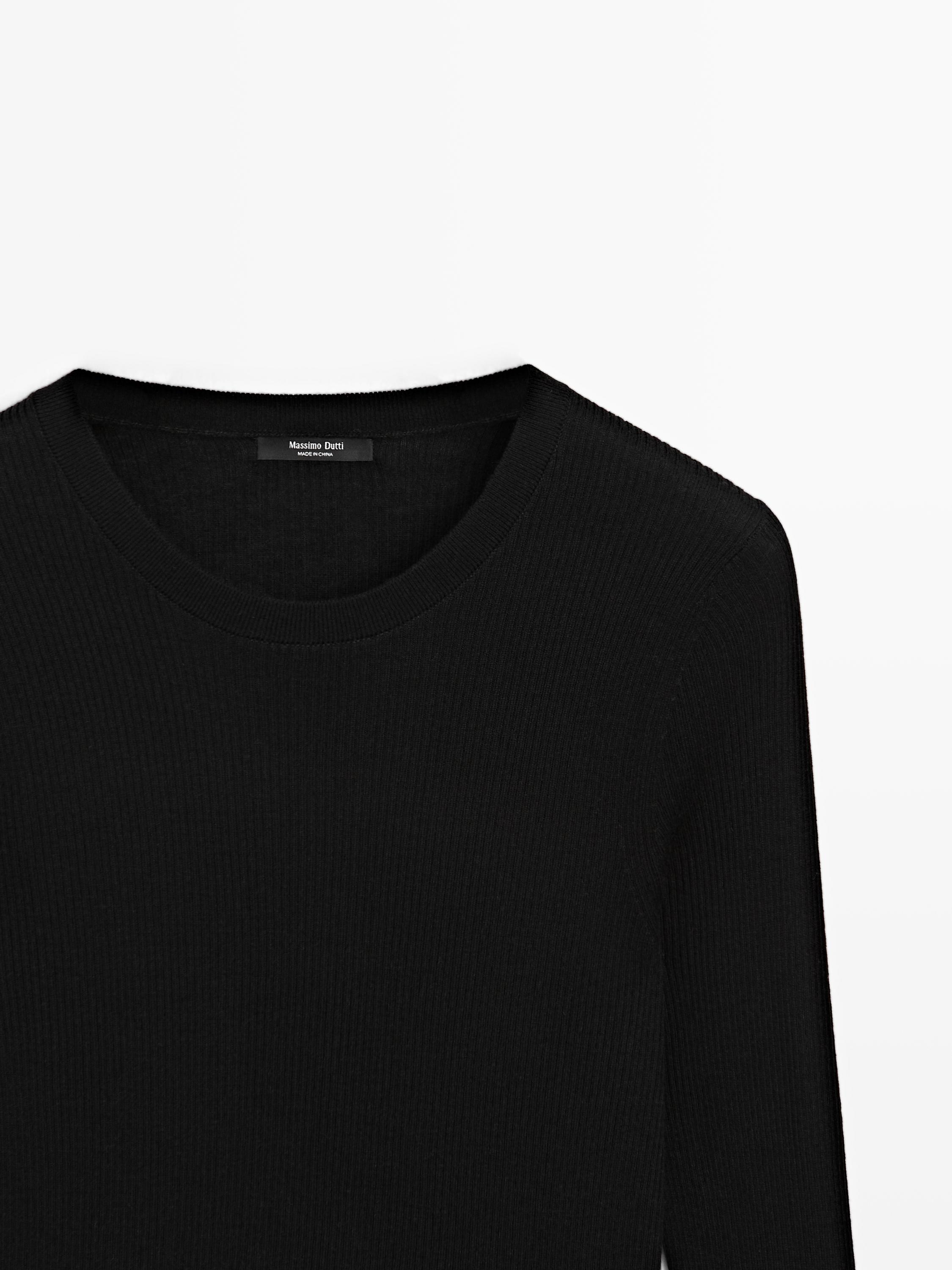 Ribbed knit round neck sweater - BLACK