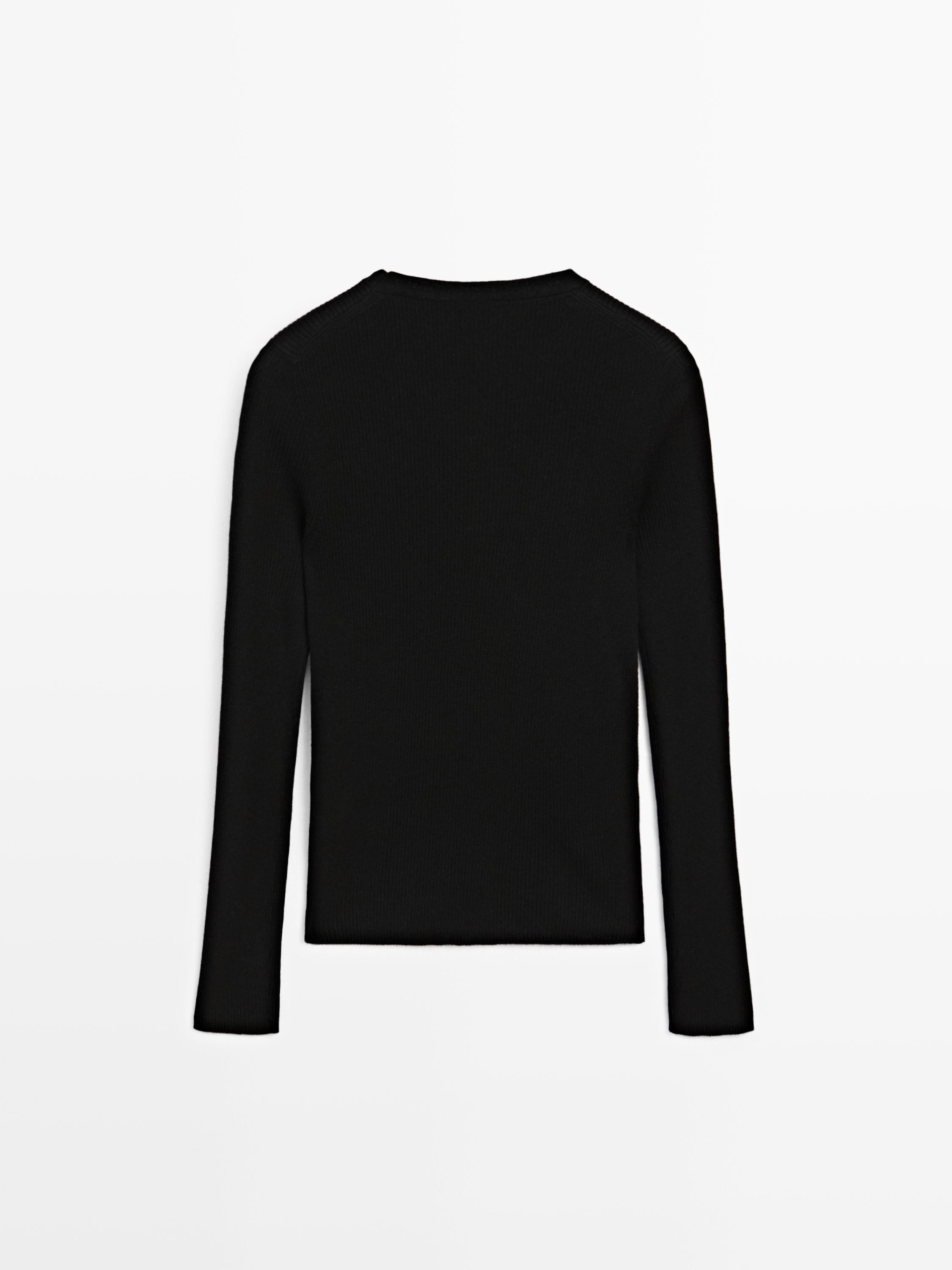 Ribbed knit round neck sweater - BLACK