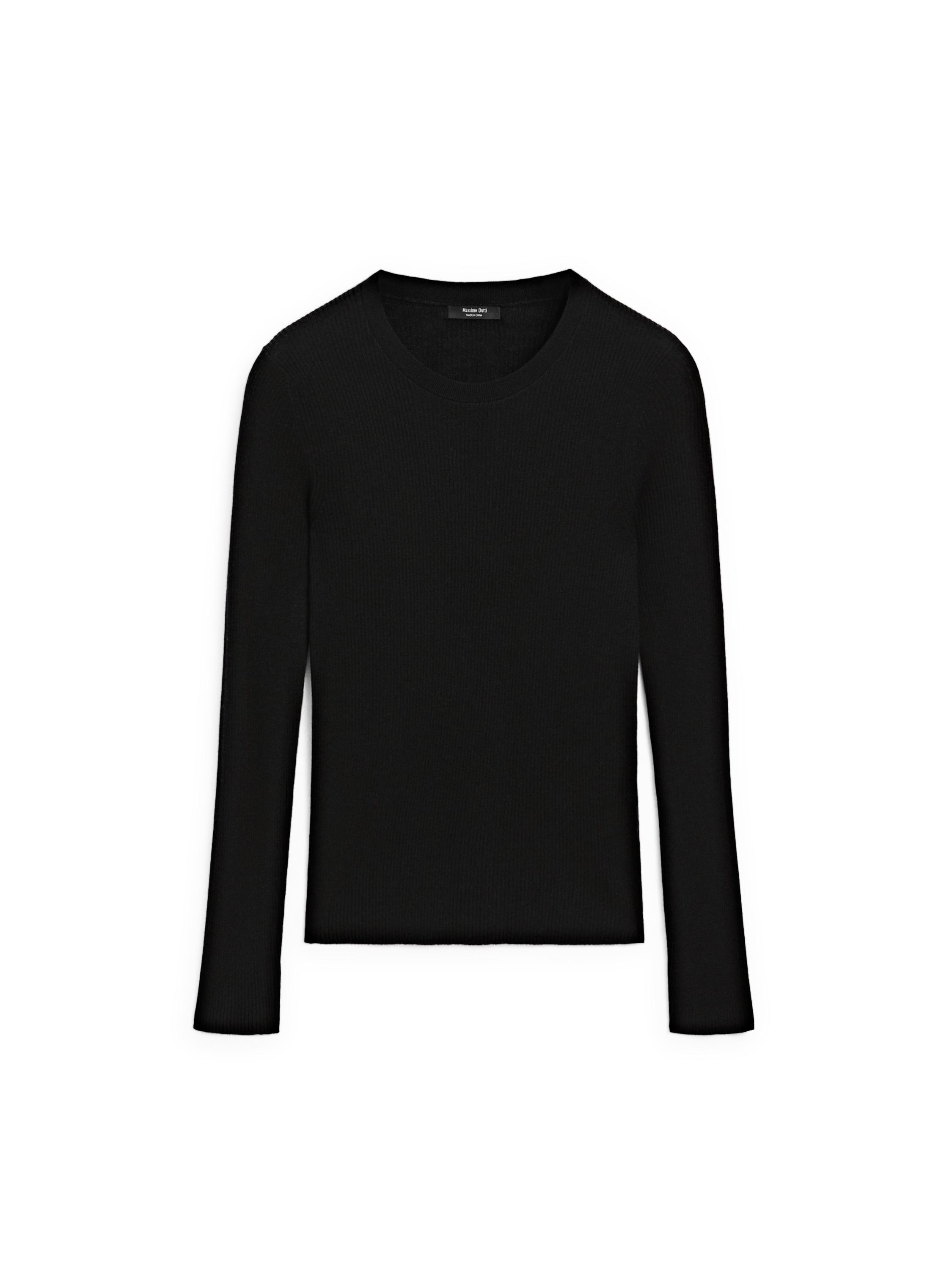 Ribbed knit round neck sweater - BLACK