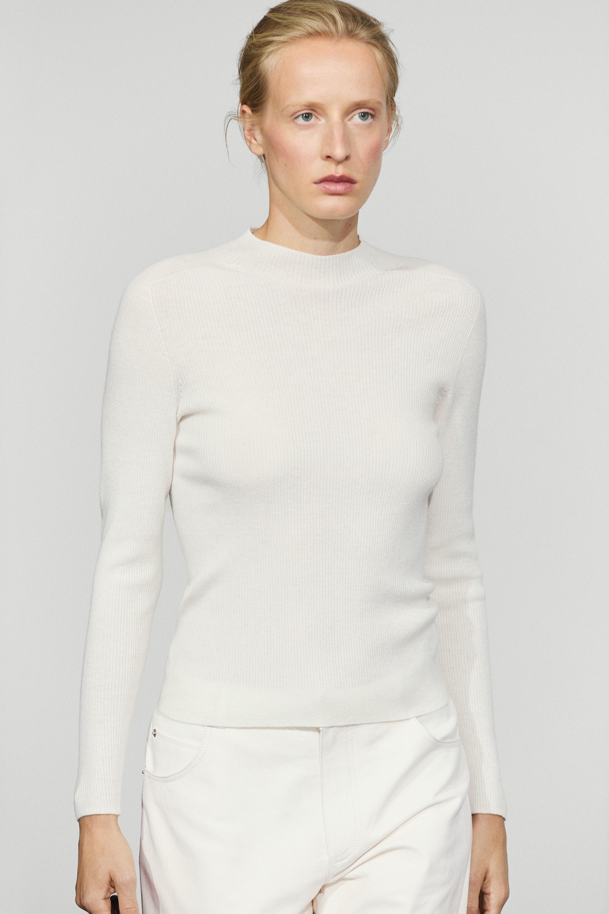 Ribbed knit mock turtleneck sweater - CREAM