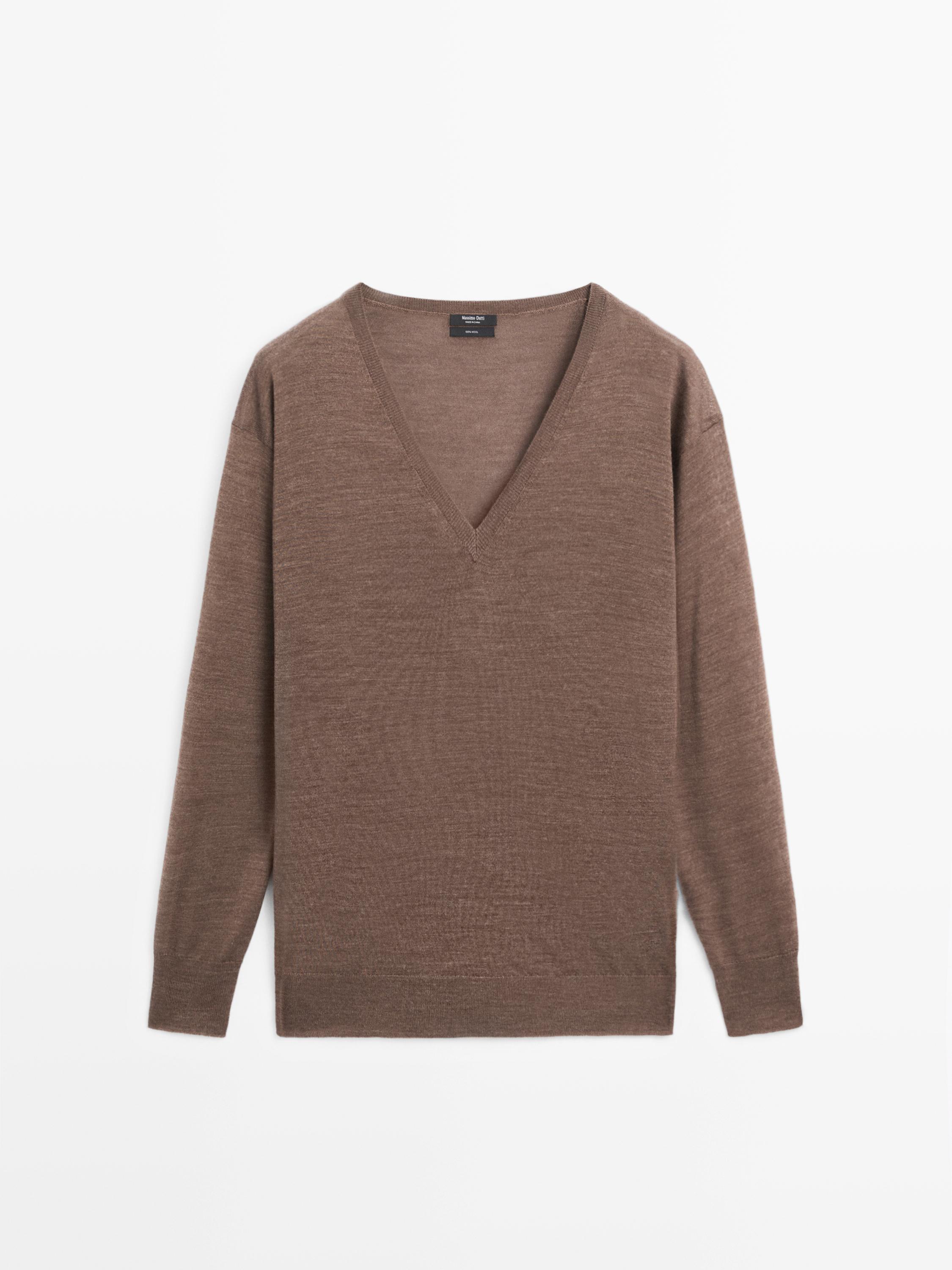 100% wool V-neck knit sweater - BROWN