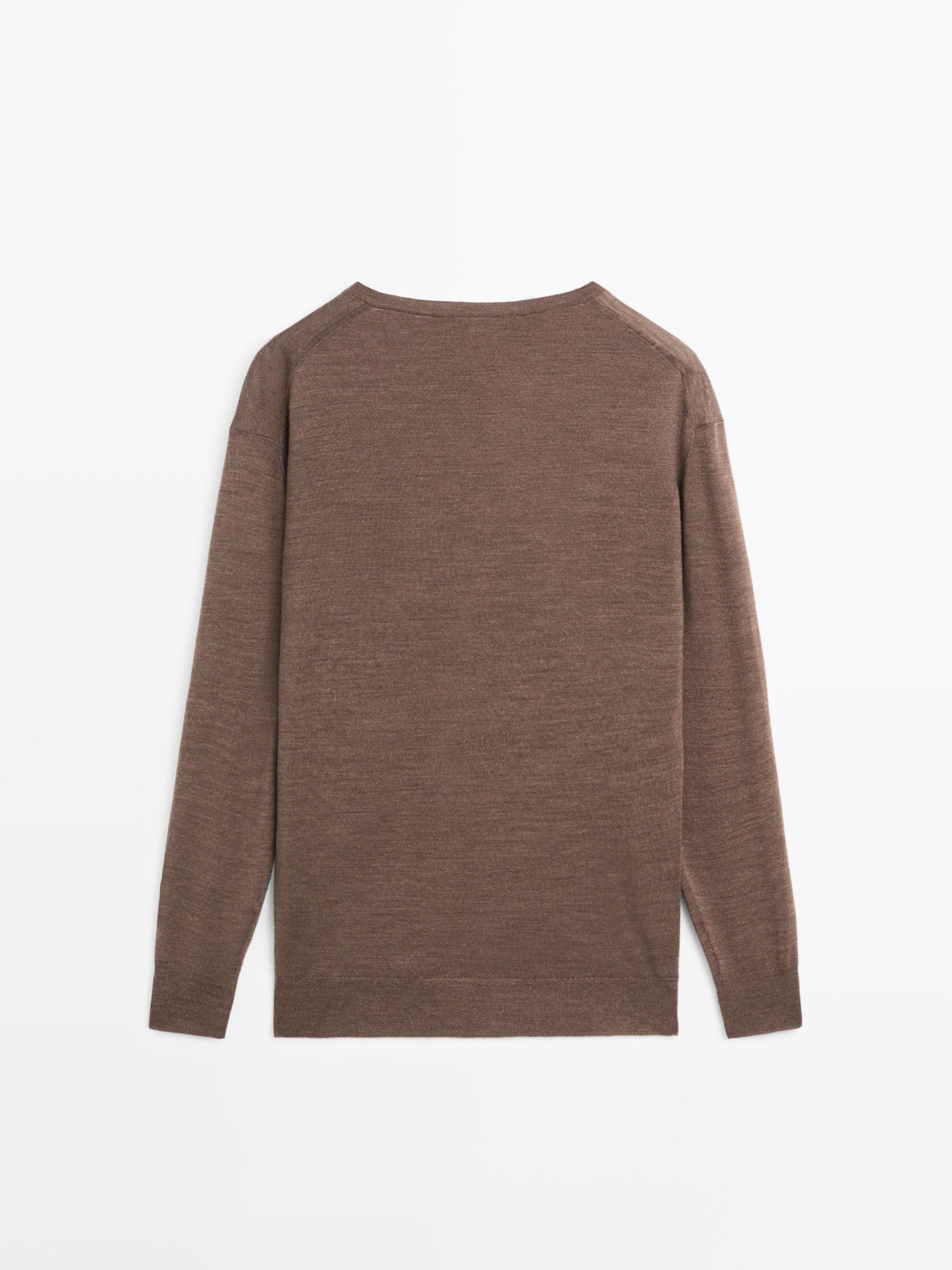 100% wool V-neck knit sweater - BROWN