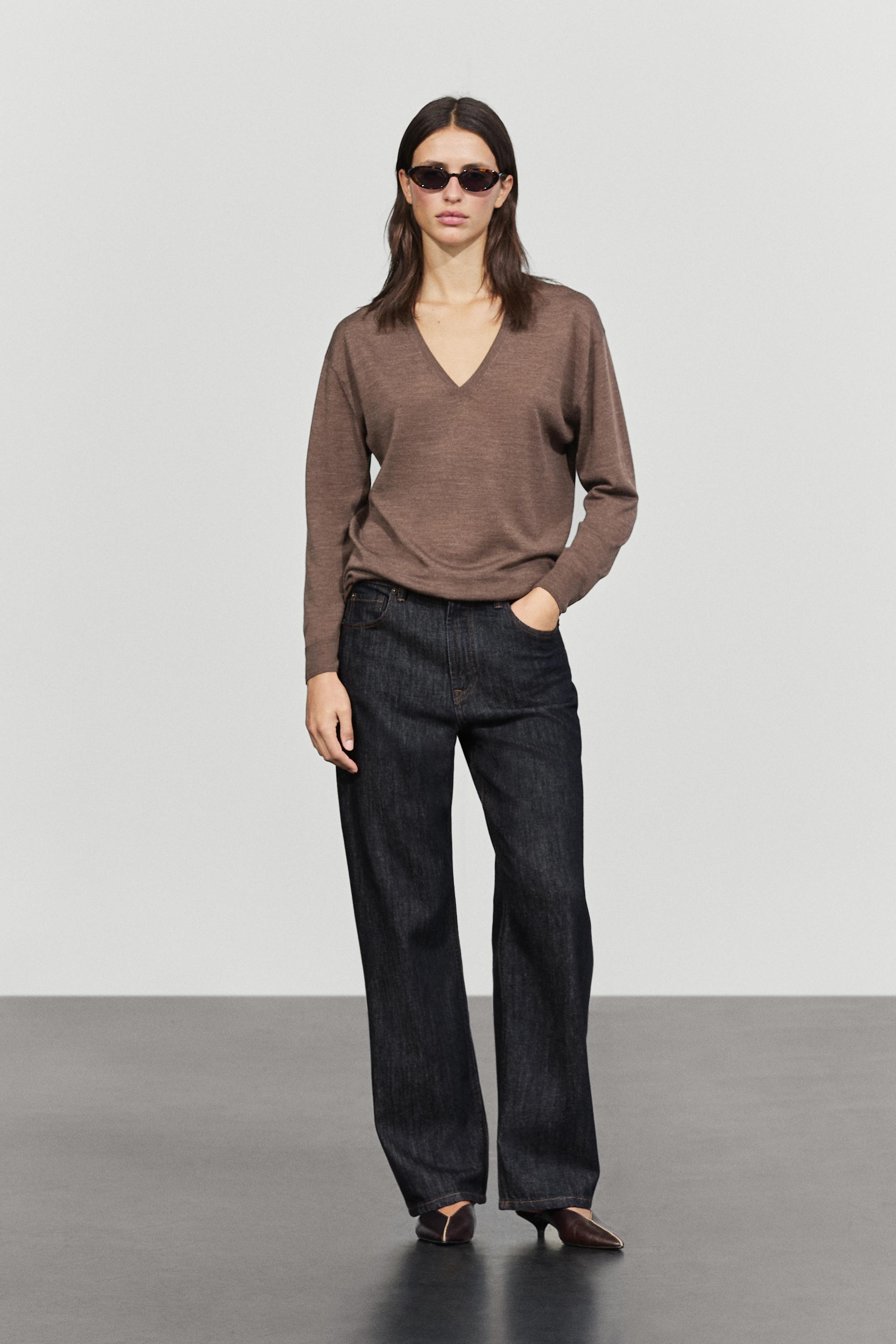 100% wool V-neck knit sweater - BROWN