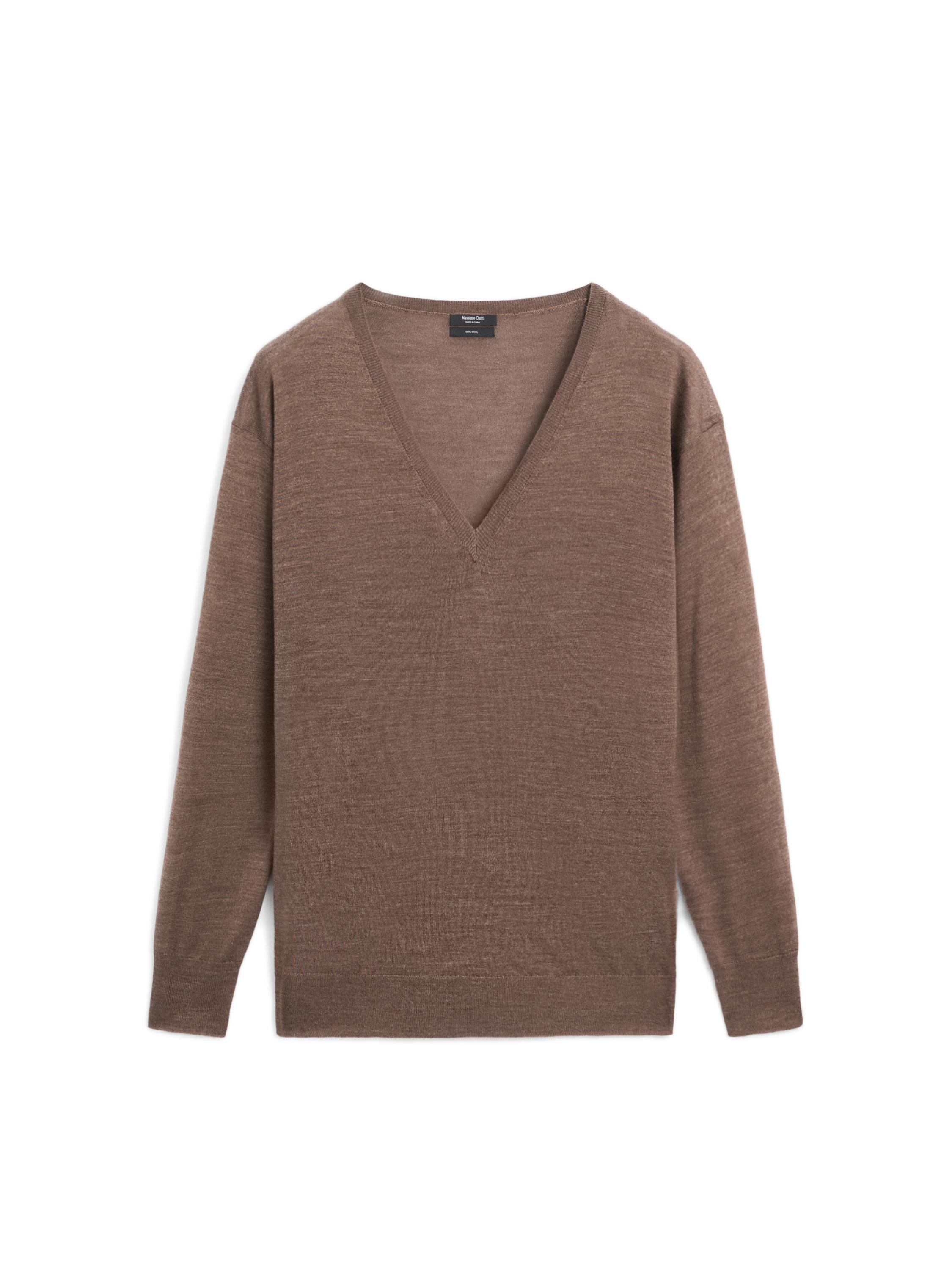 100% wool V-neck knit sweater - BROWN