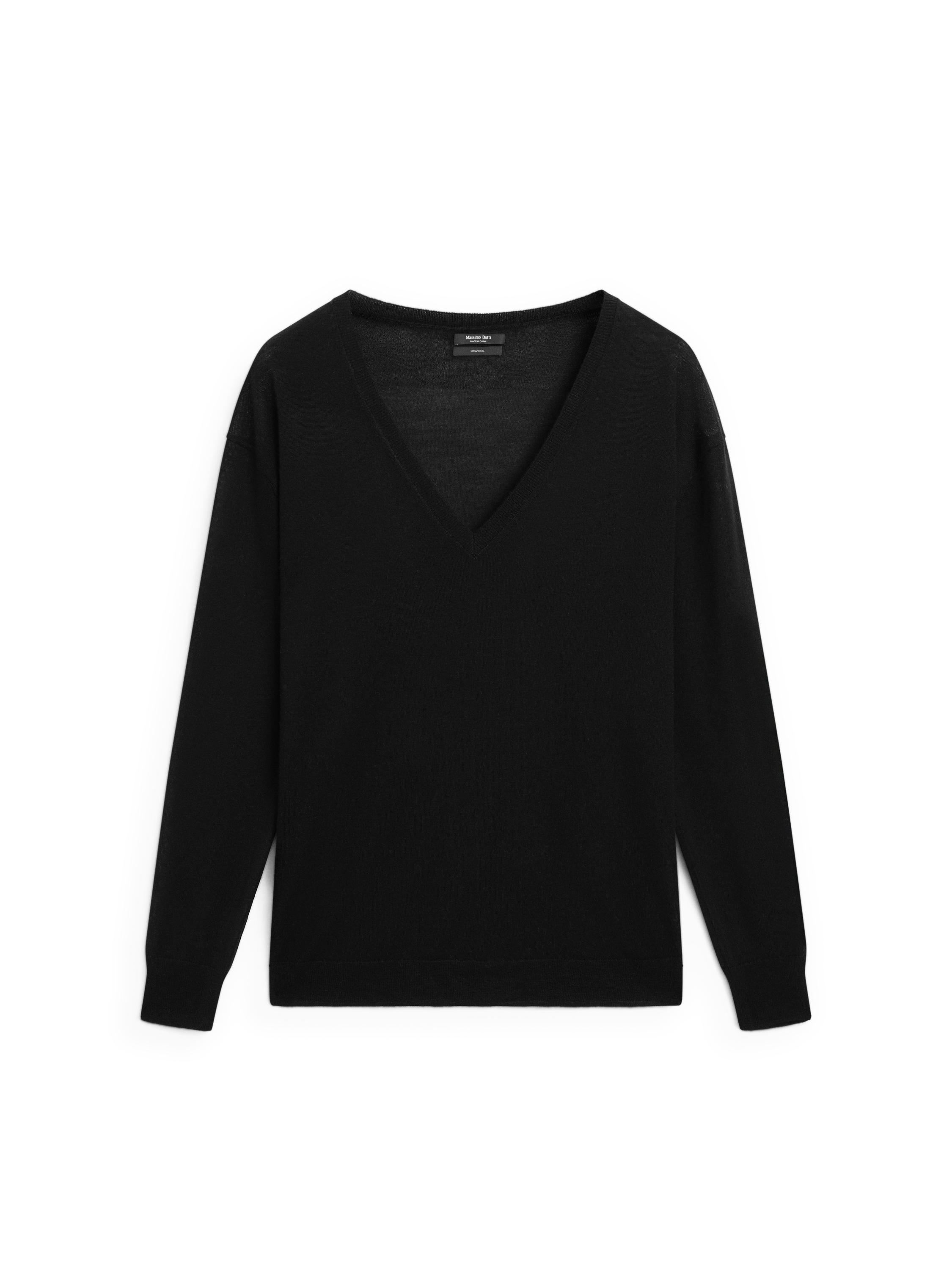 100% wool V-neck knit sweater - BLACK
