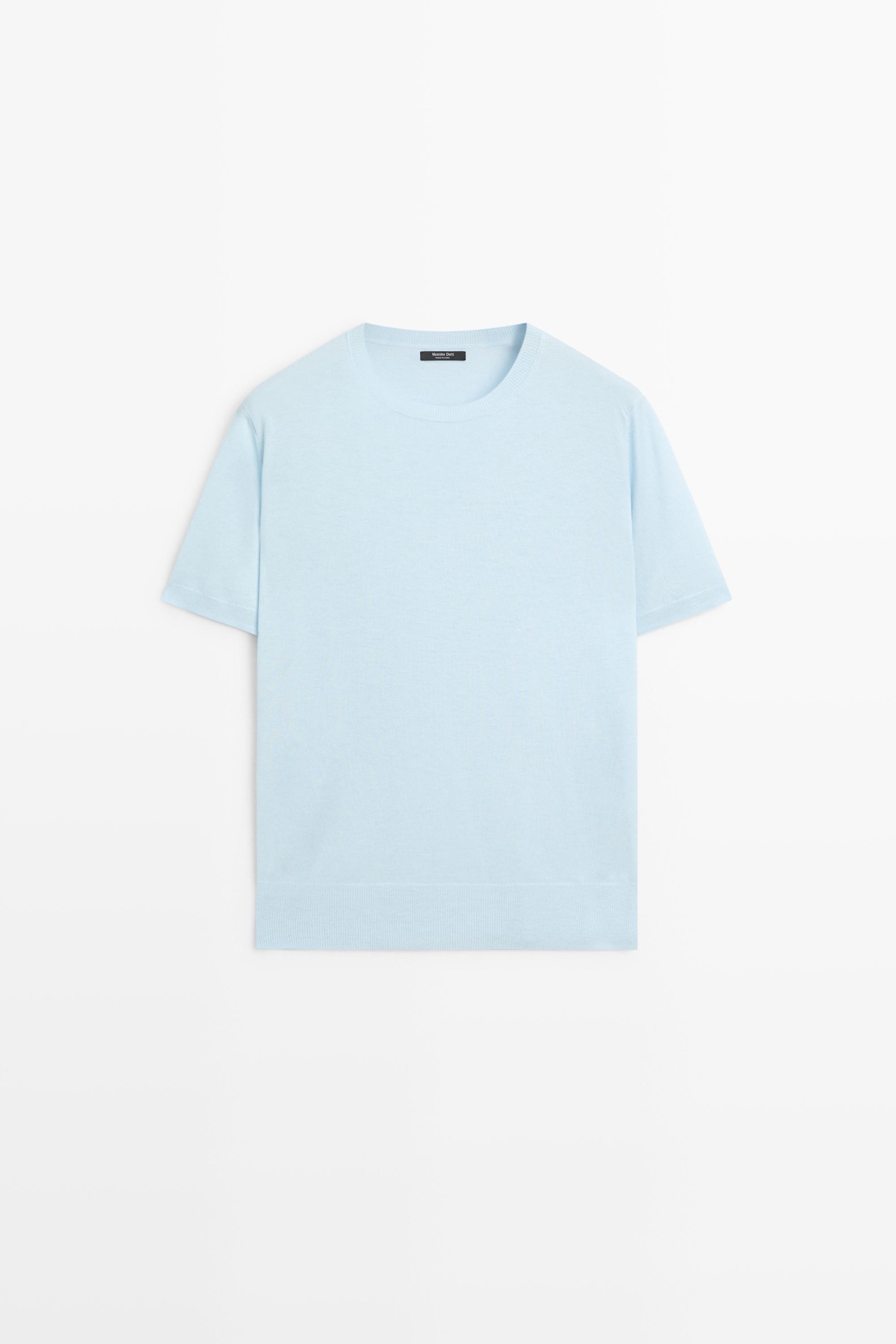 Short-sleeve fine-knit sweater - Light blue