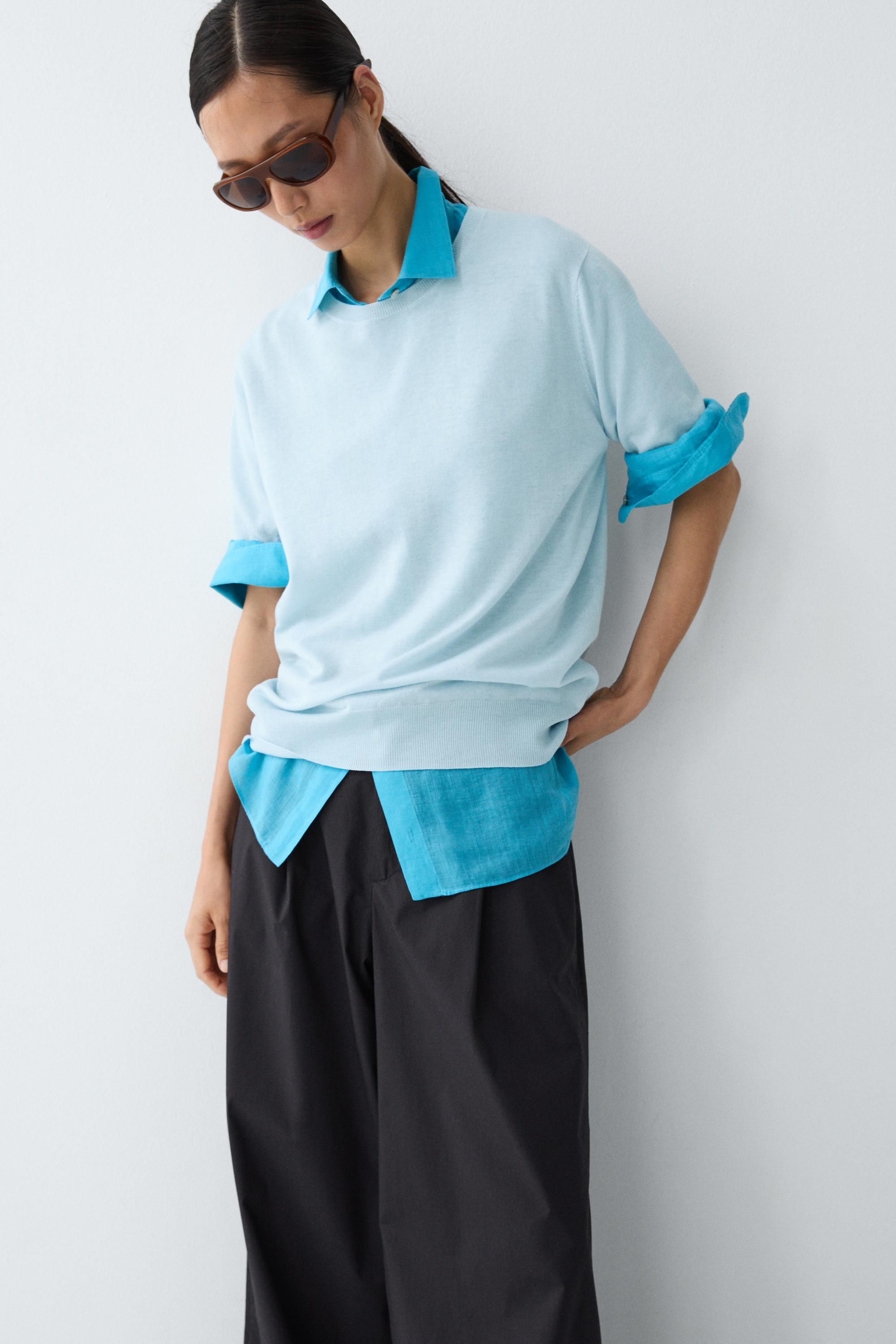 Short-sleeve fine-knit sweater - Light blue