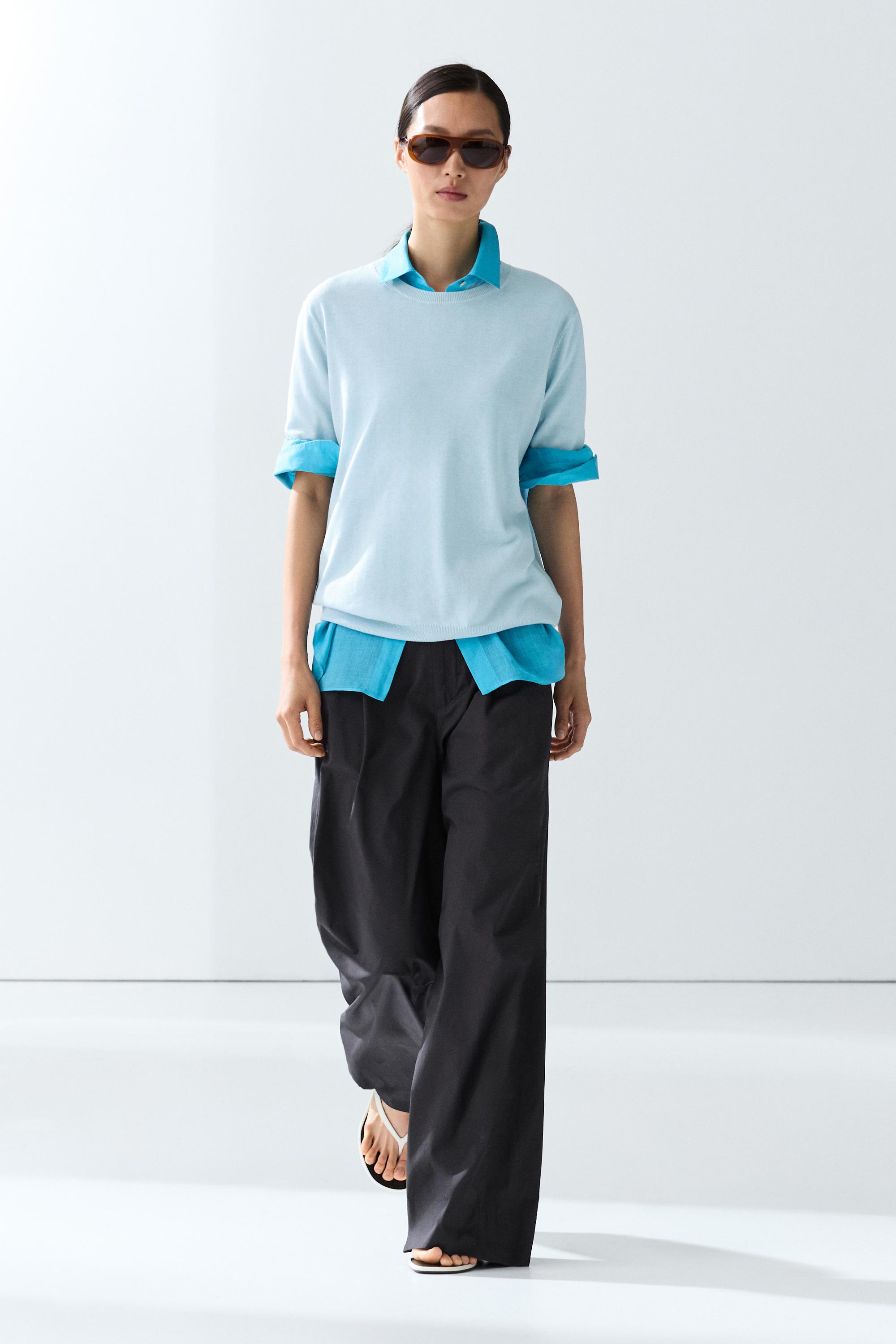 Short-sleeve fine-knit sweater - Light blue