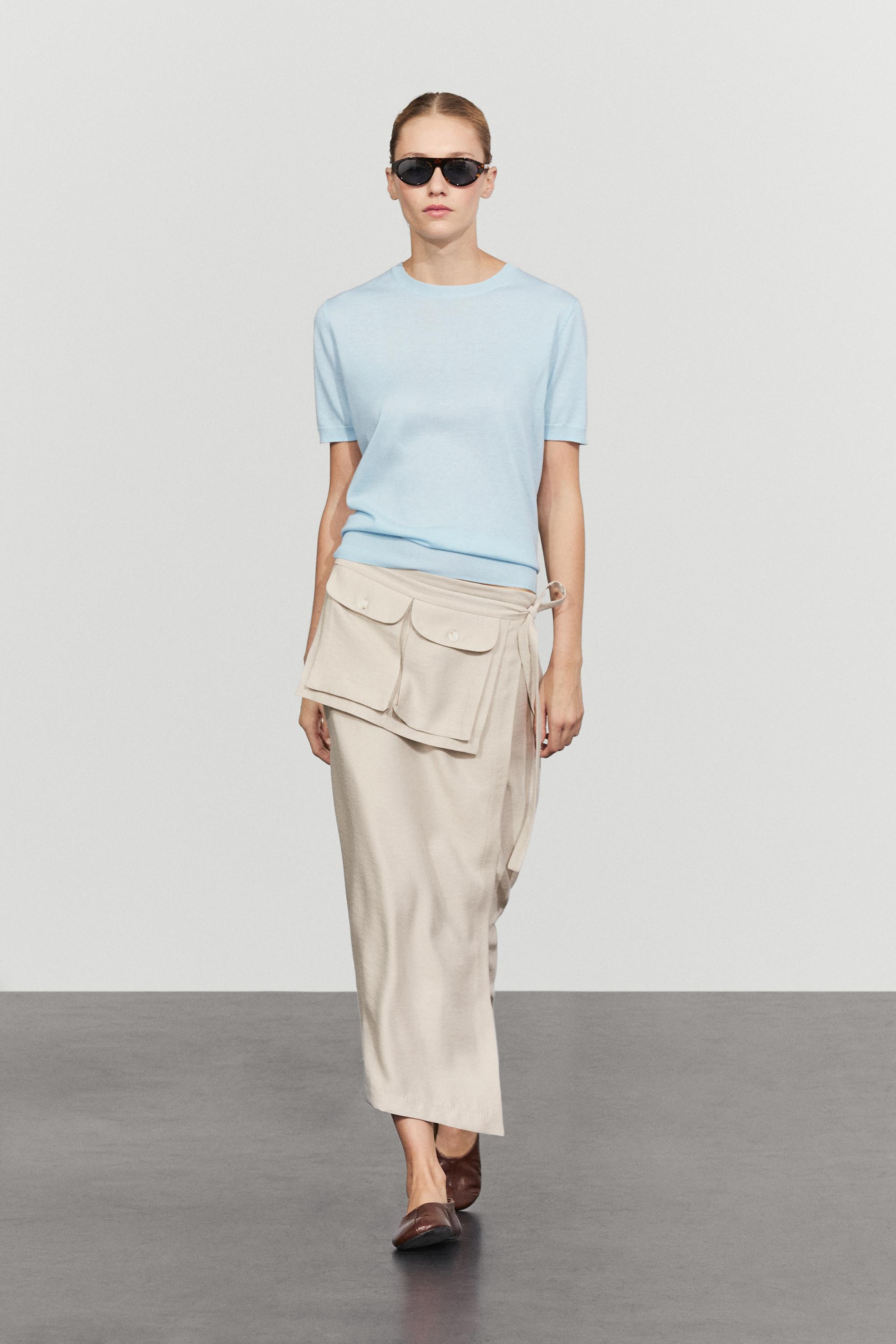 Short-sleeve fine-knit sweater - Light blue