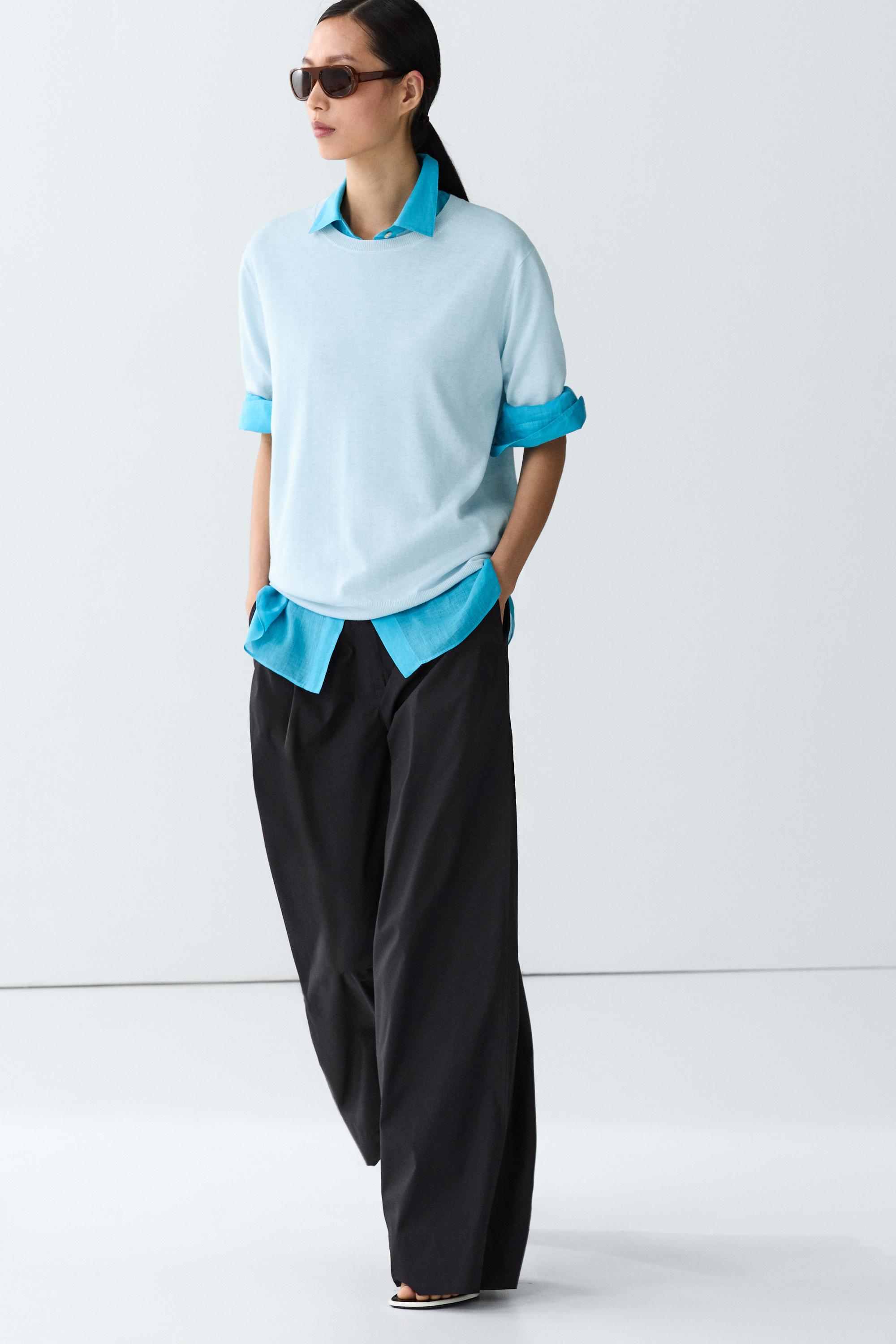 Short-sleeve fine-knit sweater - Light blue