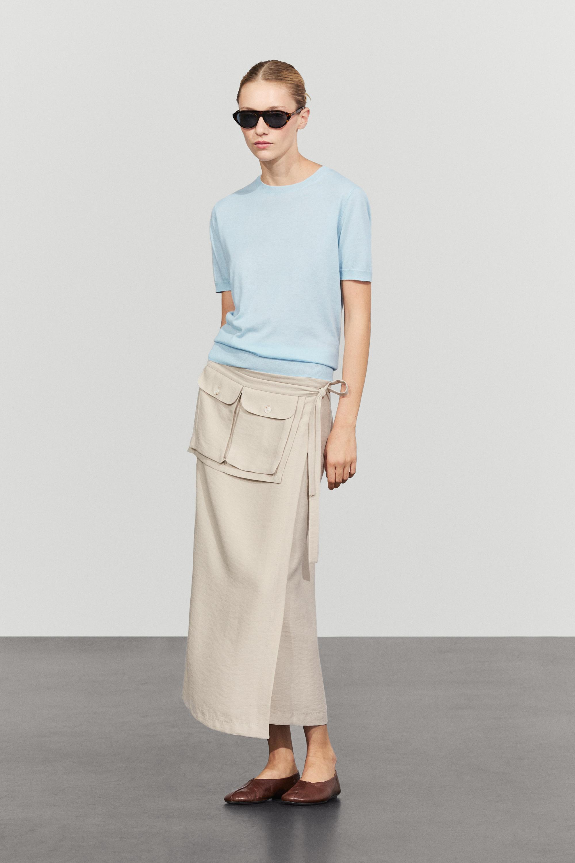Short-sleeve fine-knit sweater - Light blue