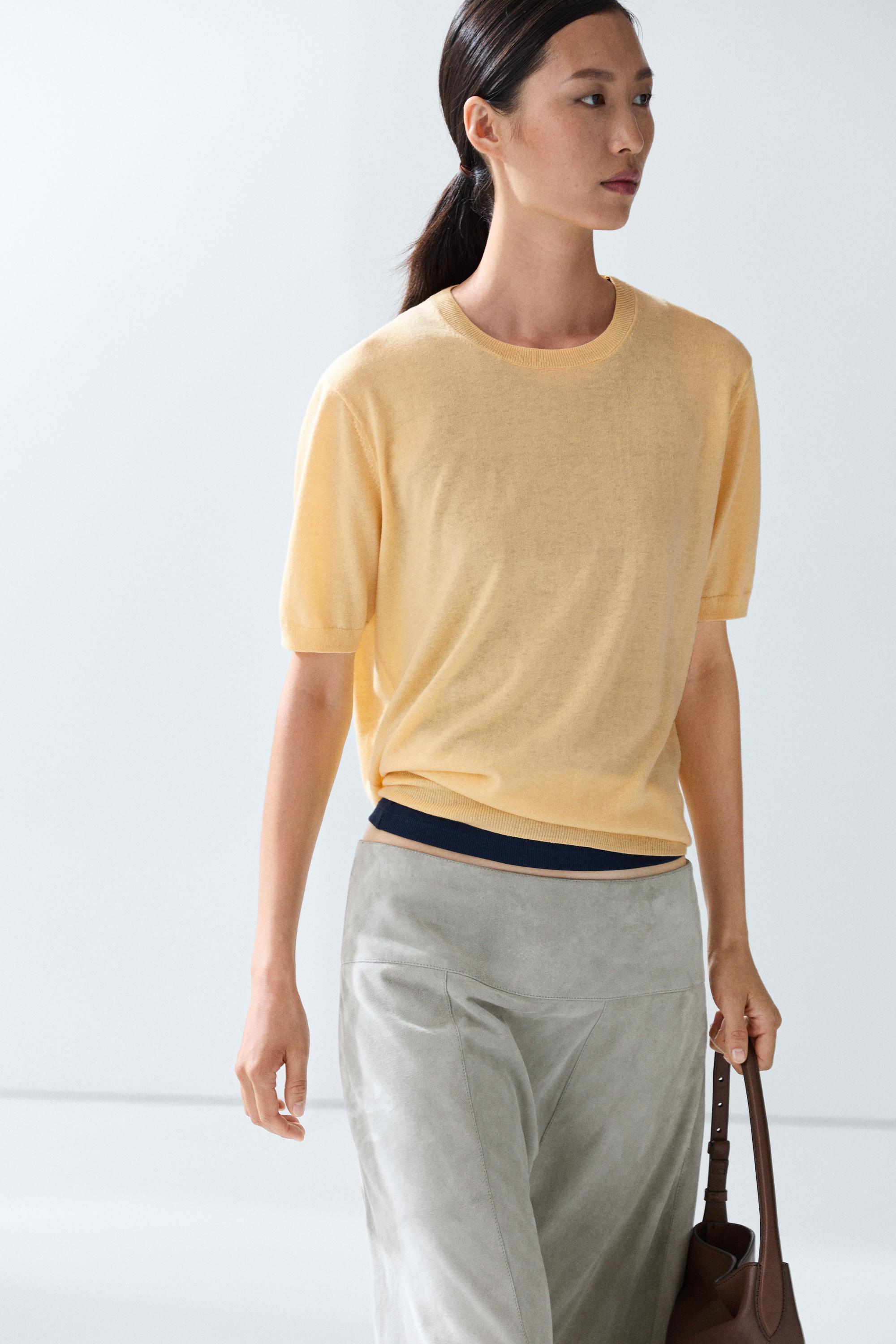 Short-sleeve fine-knit sweater - YELLOW