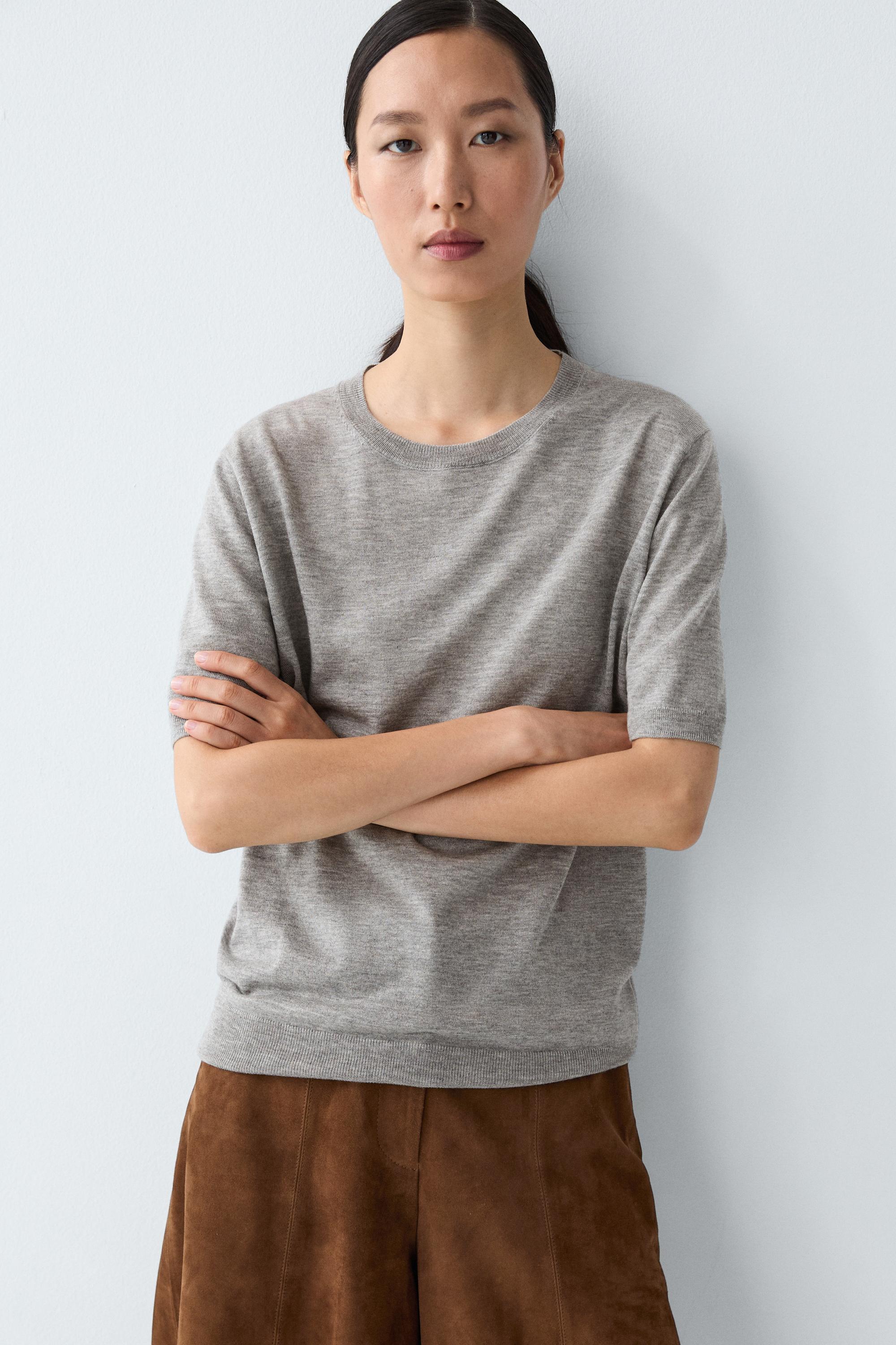Short-sleeve fine-knit sweater - GREY MARL