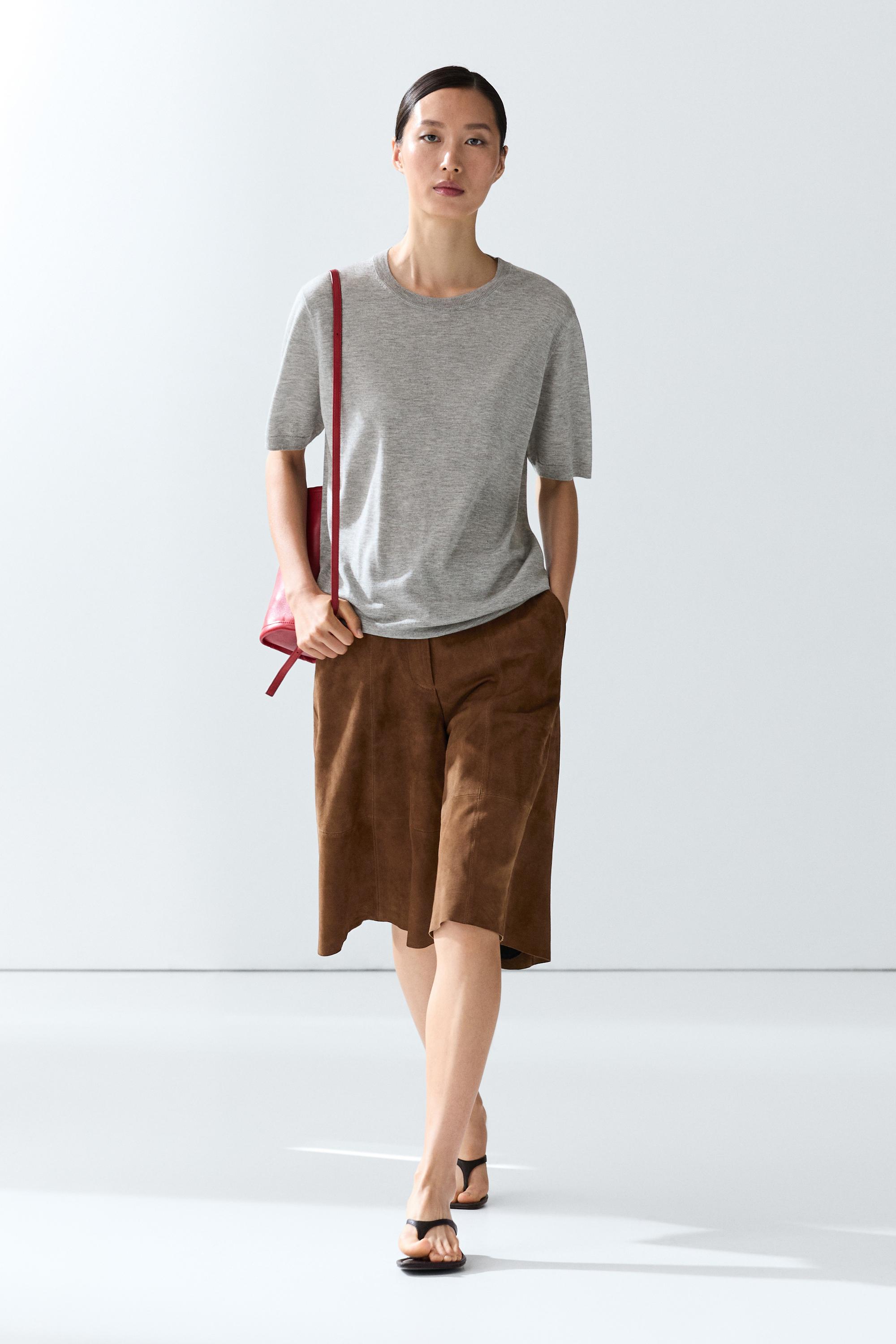 Short-sleeve fine-knit sweater - GREY MARL