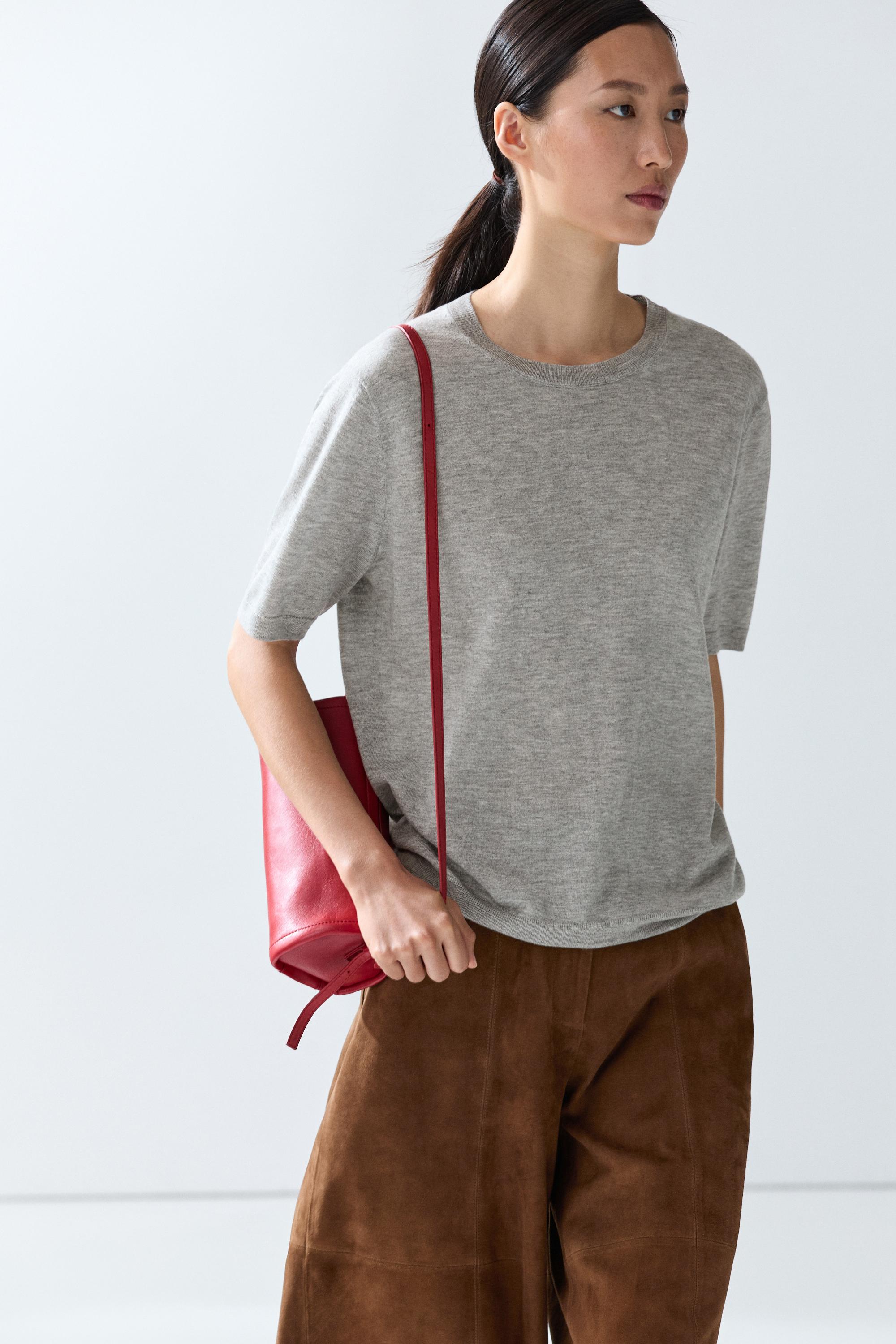 Short-sleeve fine-knit sweater - GREY MARL