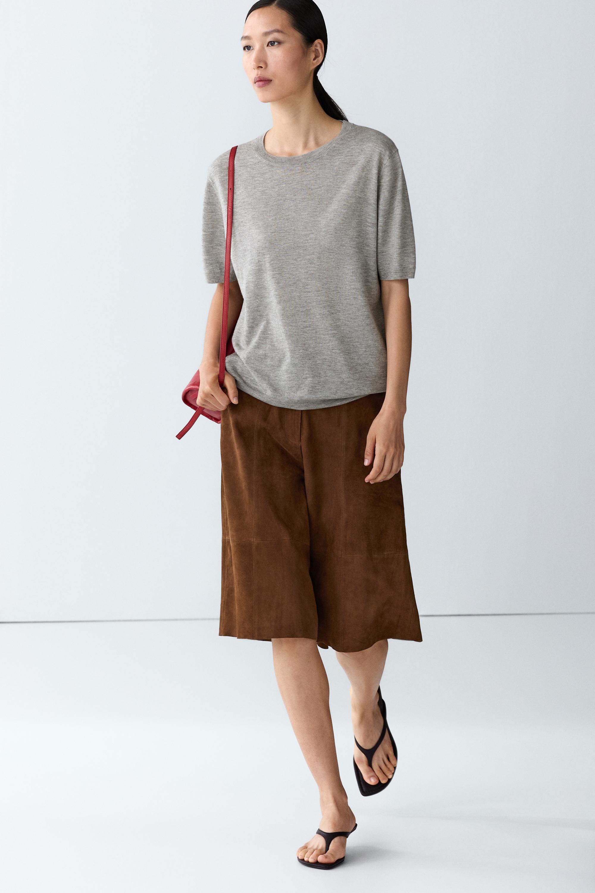 Short-sleeve fine-knit sweater - GREY MARL