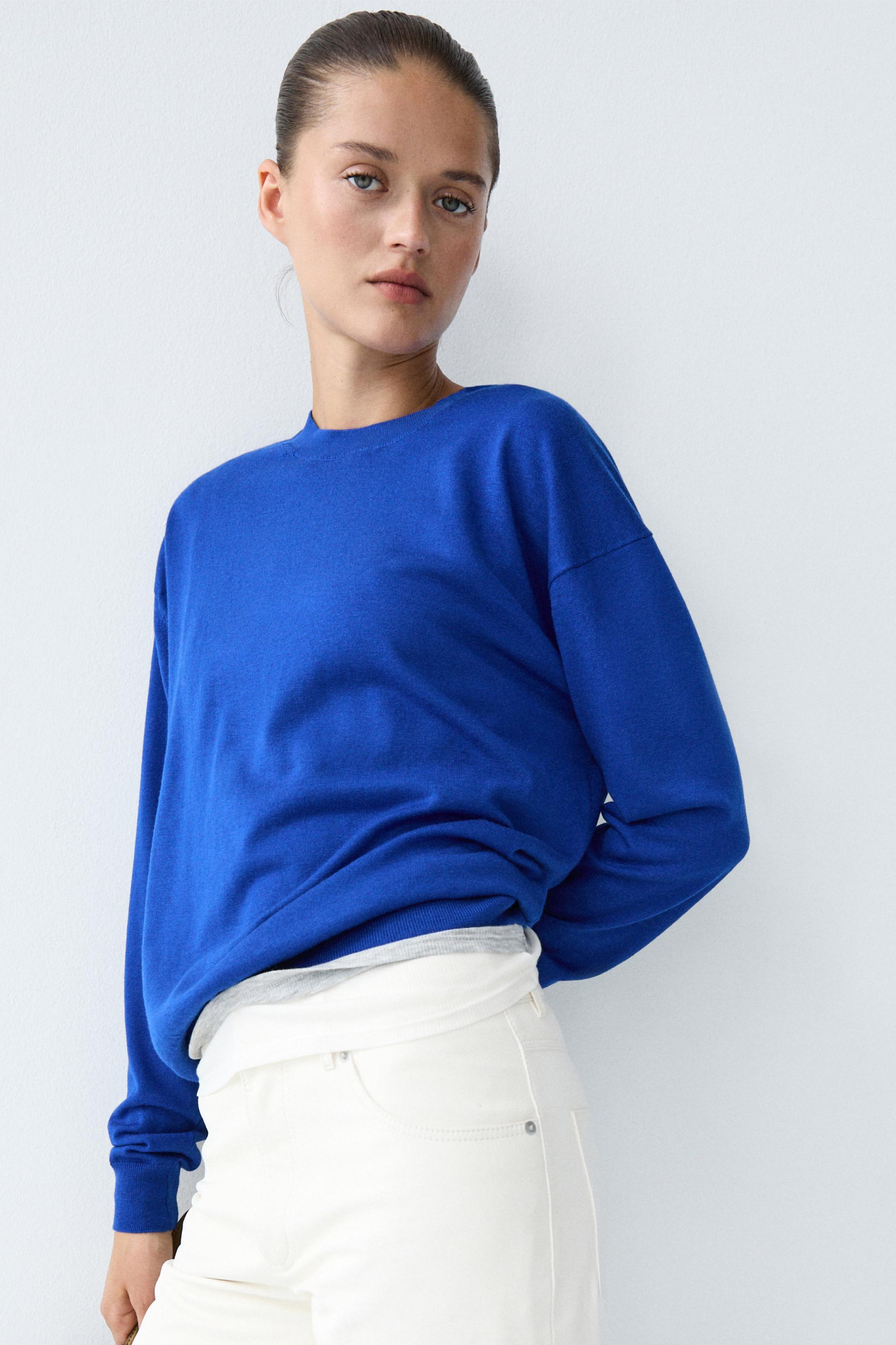 Fine knit round neck sweater - DEEP BLUE