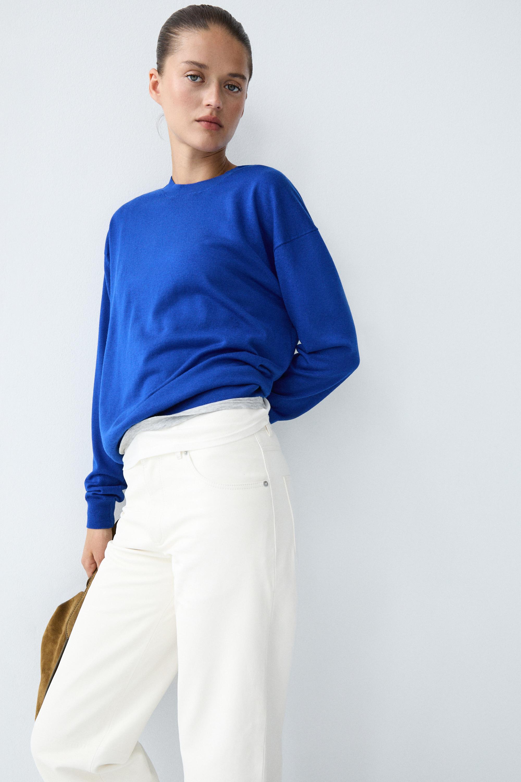 Fine knit round neck sweater - DEEP BLUE